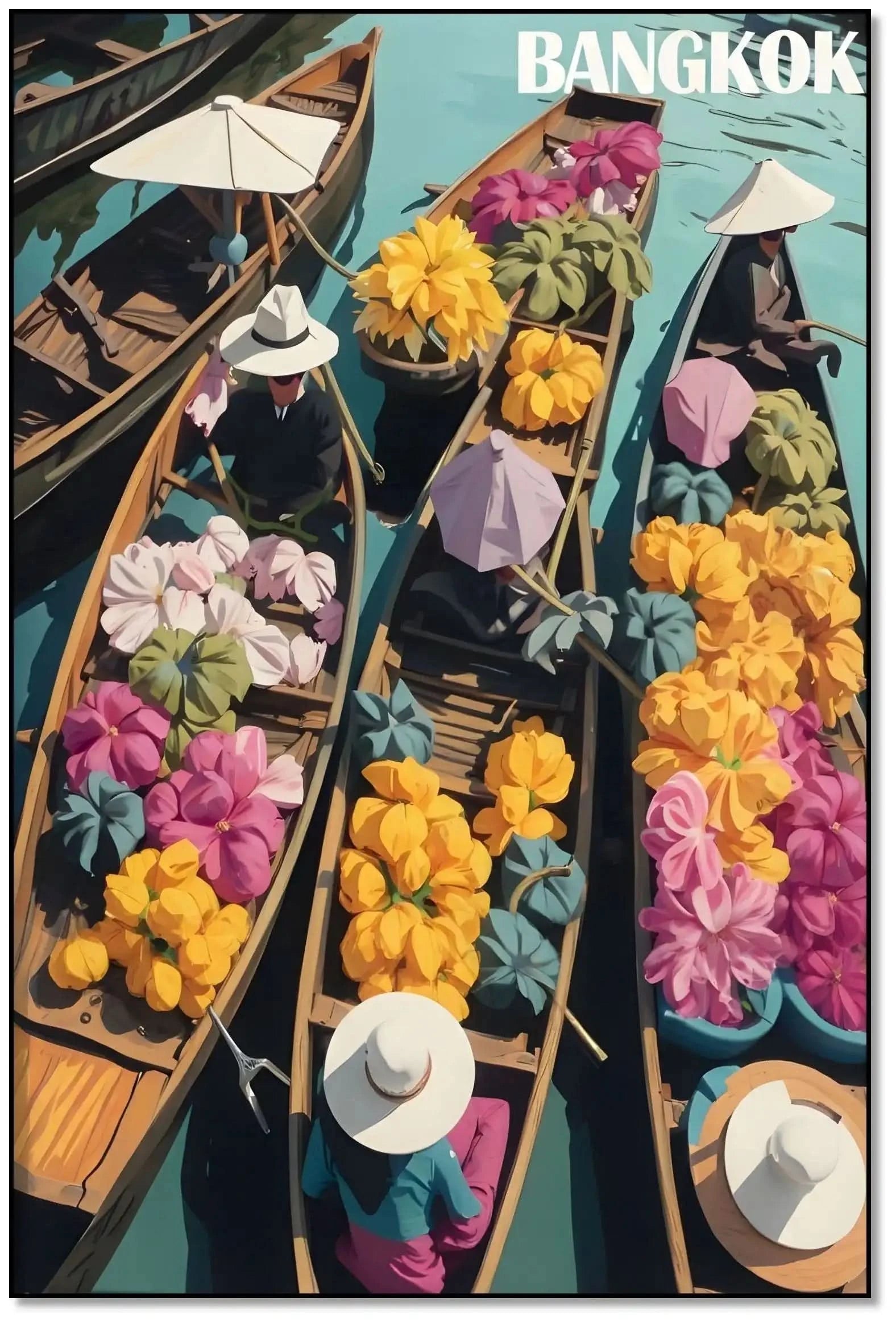 Tableau de marché flottant avec barques en bois, fleurs colorées et chapeaux blancs, ambiance exotique et dynamique pour salo