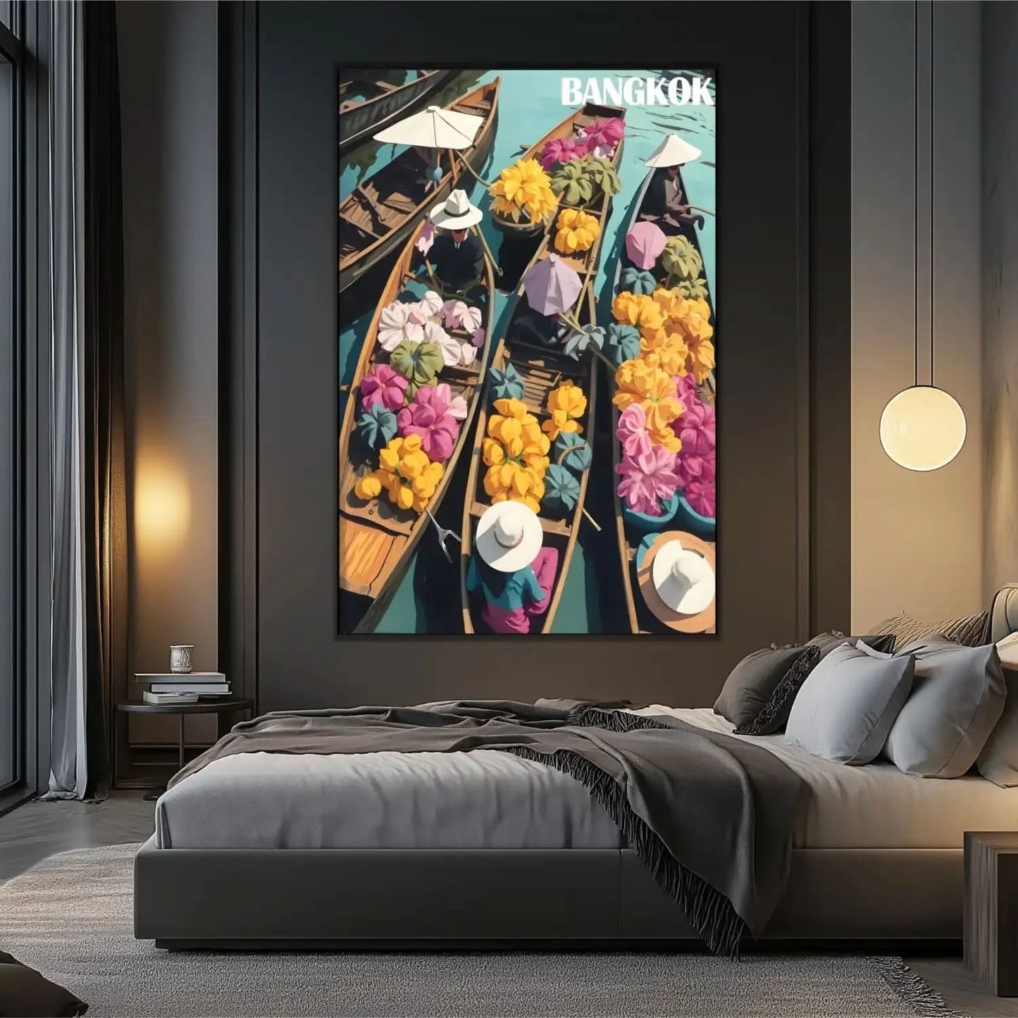 Tableau de marché flottant avec barques en bois, fleurs colorées et chapeaux blancs, ambiance exotique et dynamique pour salo