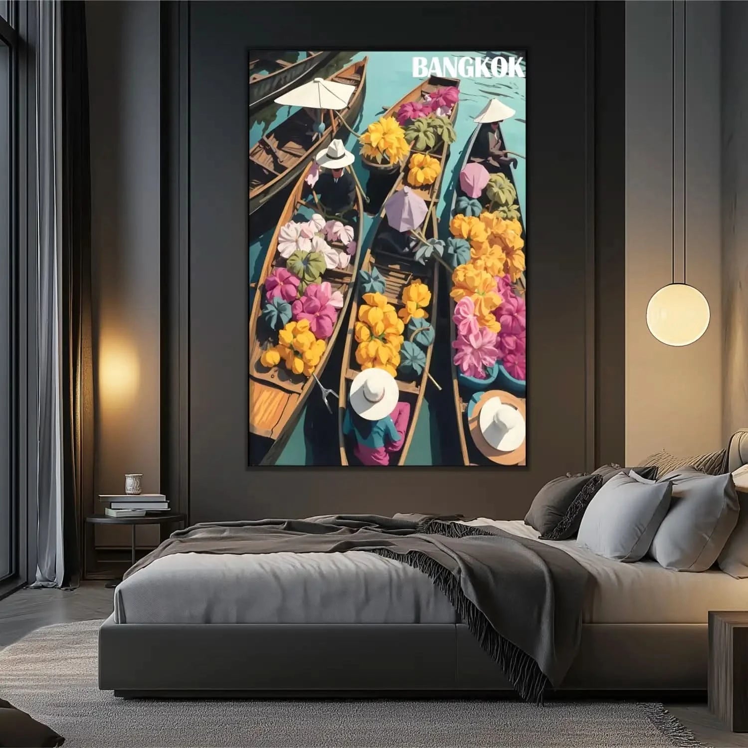 Tableau de marché flottant avec barques en bois, fleurs colorées et chapeaux blancs, ambiance exotique et dynamique pour salo