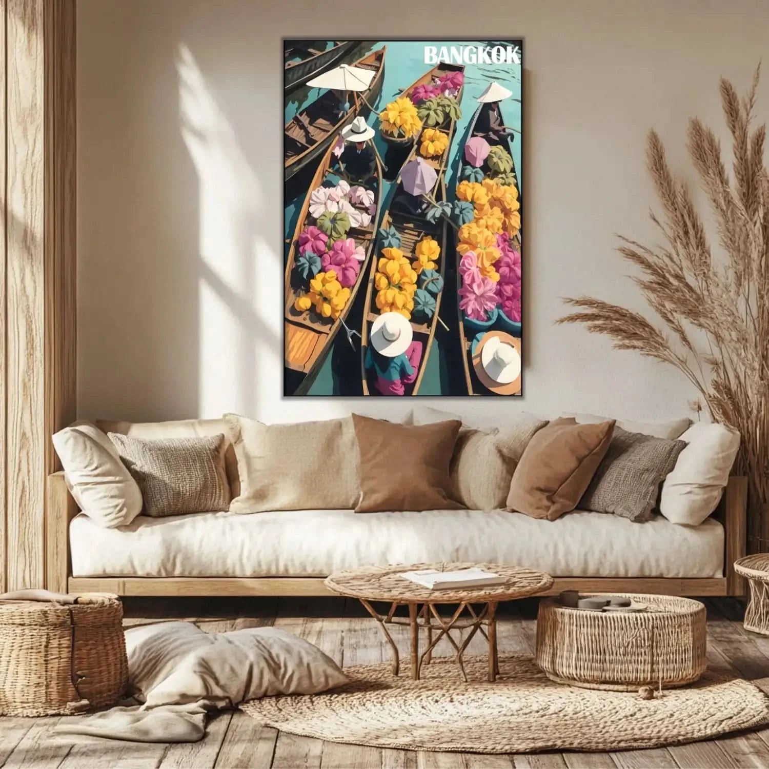 Tableau de marché flottant avec barques en bois, fleurs colorées et chapeaux blancs, ambiance exotique et dynamique pour salo