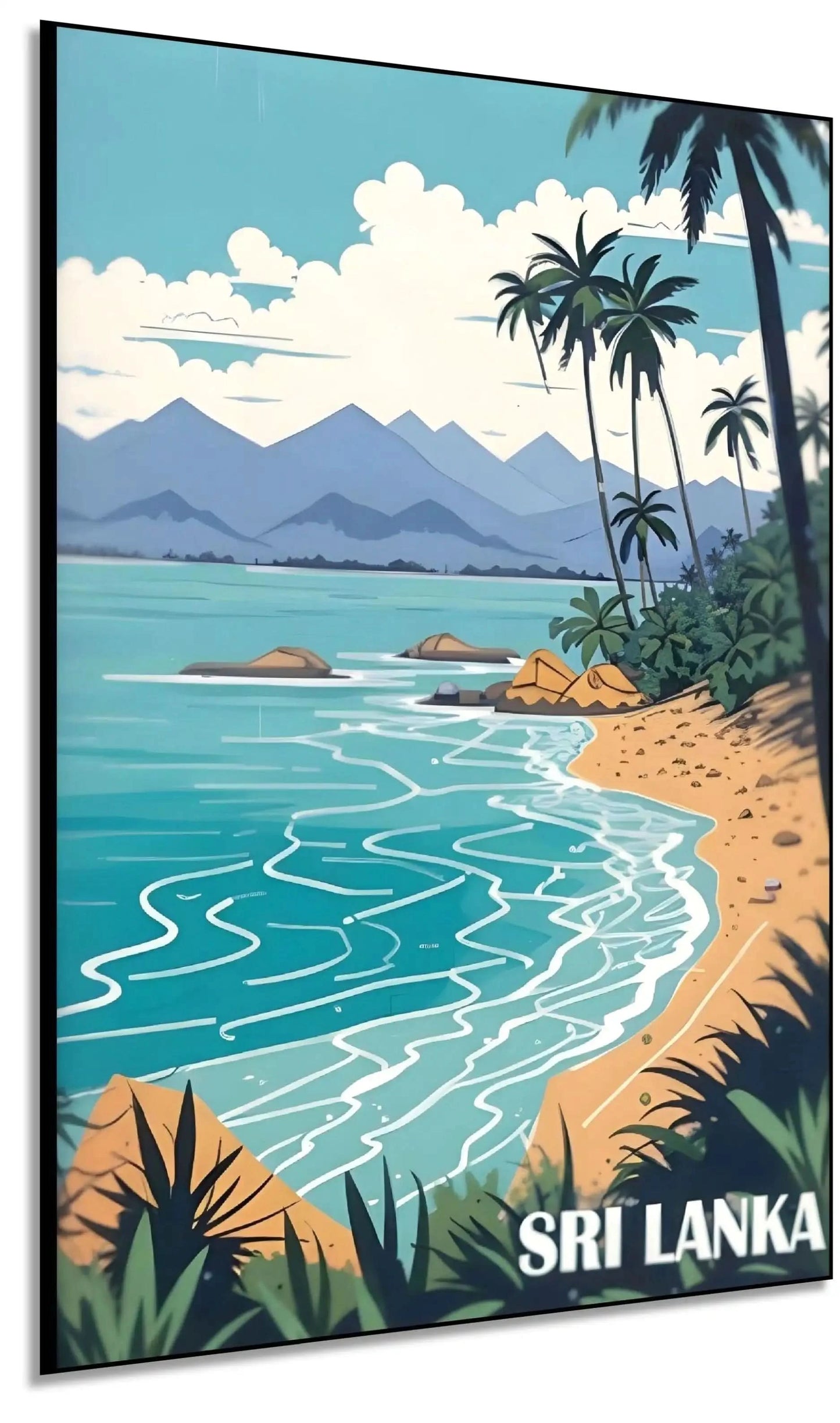 Toile de paysage tropical avec palmiers, mer bleue et montagnes, ambiance sereine et évasion pour salon ou chambre.