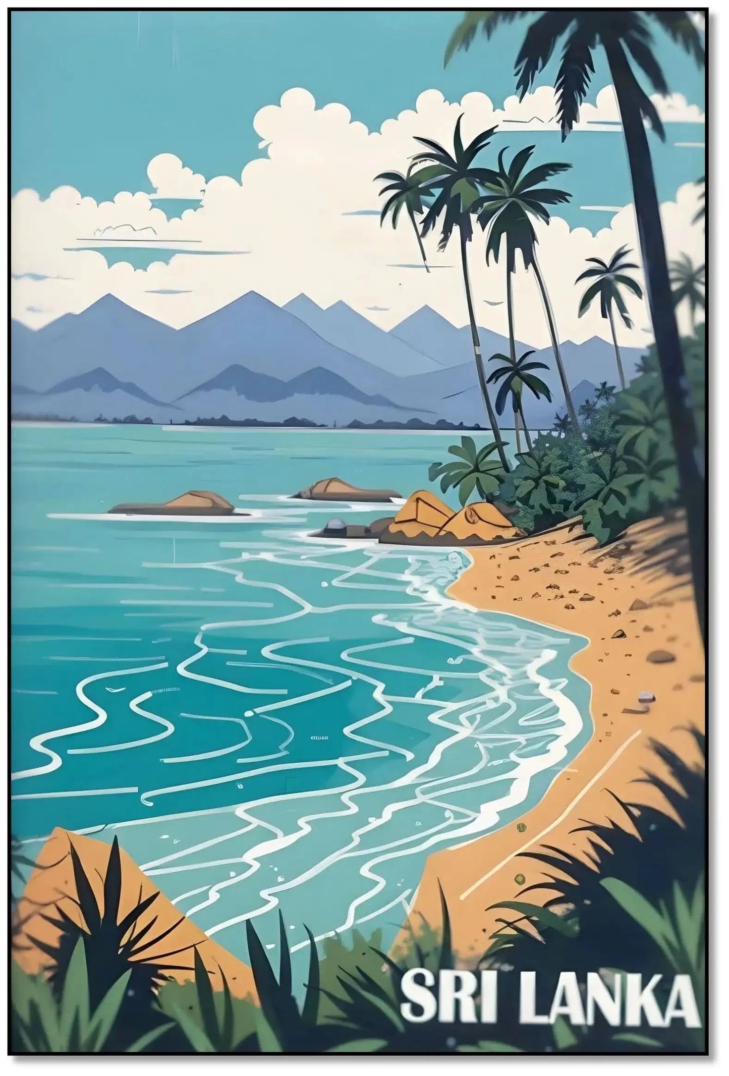 Toile de paysage tropical avec palmiers, mer bleue et montagnes, ambiance sereine et évasion pour salon ou chambre.