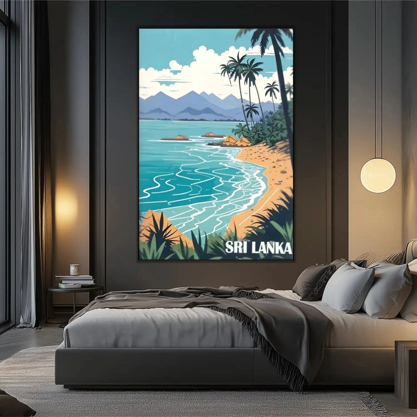 Toile de paysage tropical avec palmiers, mer bleue et montagnes, ambiance sereine et évasion pour salon ou chambre.
