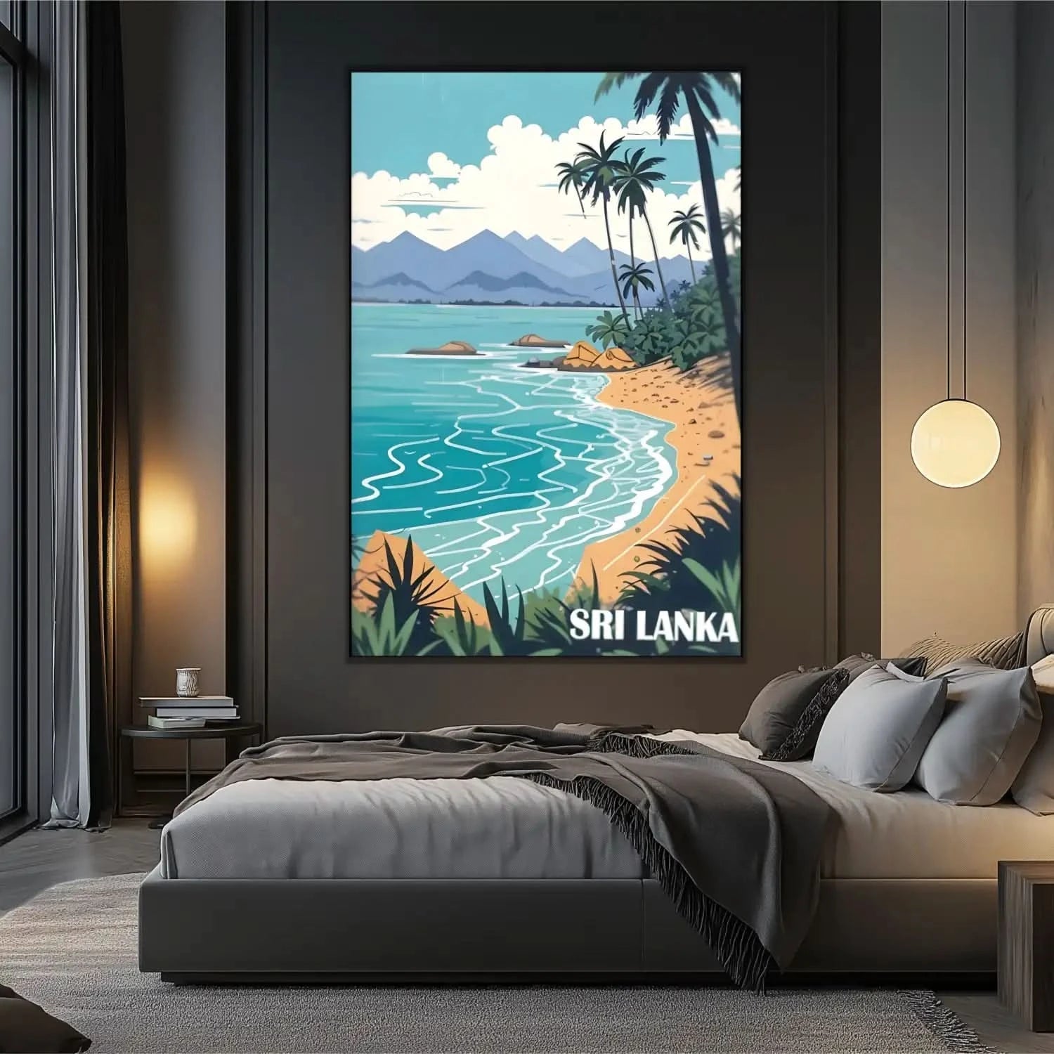 Toile de paysage tropical avec palmiers, mer bleue et montagnes, ambiance sereine et évasion pour salon ou chambre.