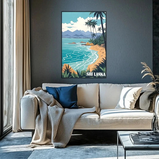 Toile de paysage tropical avec palmiers, mer bleue et montagnes, ambiance sereine et évasion pour salon ou chambre.