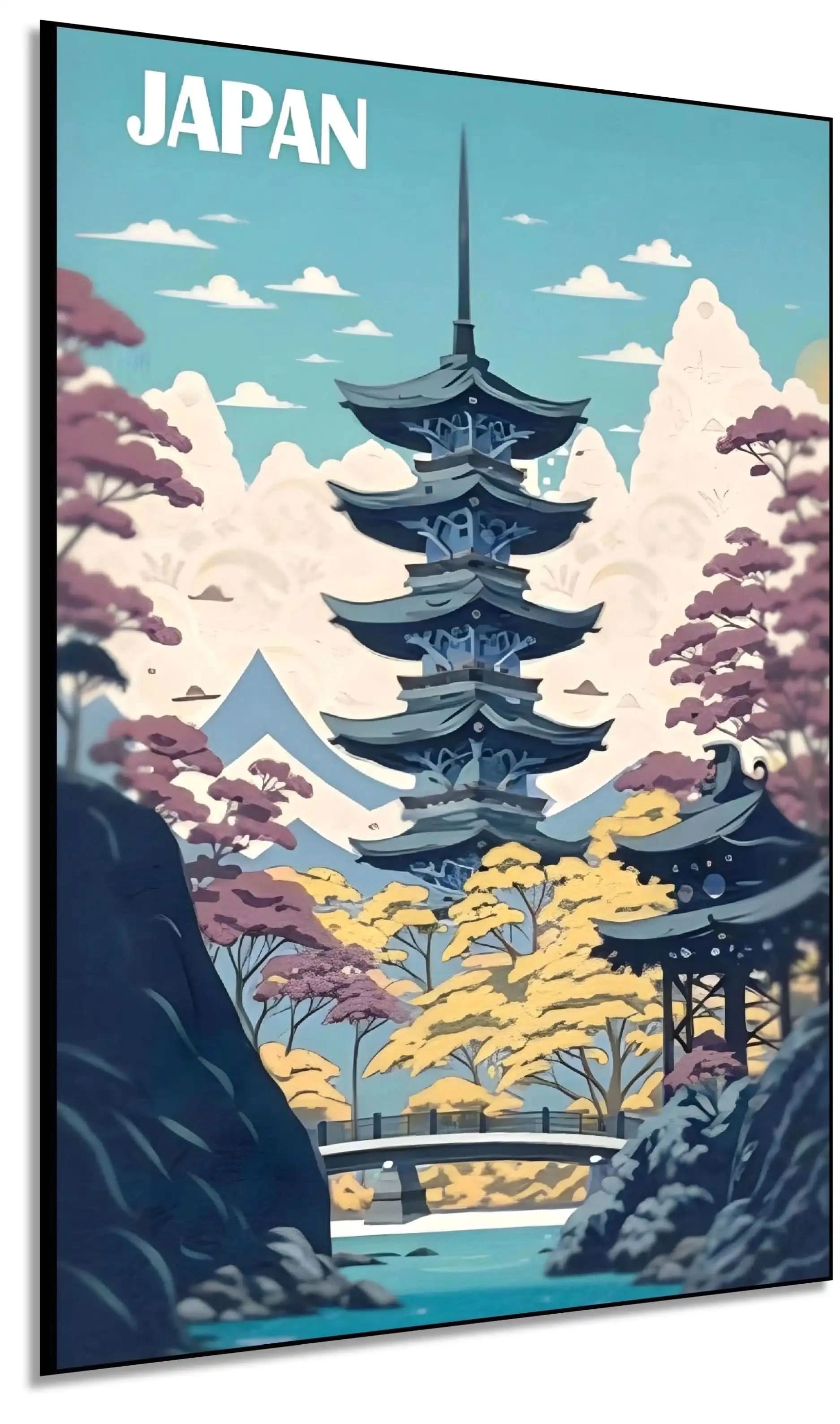 Pagode majestueuse entourée de paysages sereins avec teintes bleues, roses et jaunes, ambiance paisible pour salon ou bureau.