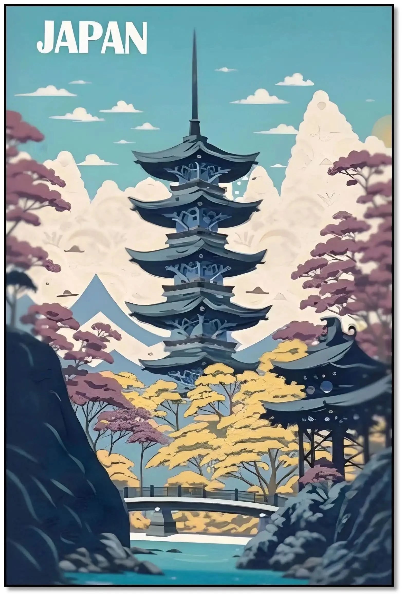 Pagode majestueuse entourée de paysages sereins avec teintes bleues, roses et jaunes, ambiance paisible pour salon ou bureau.