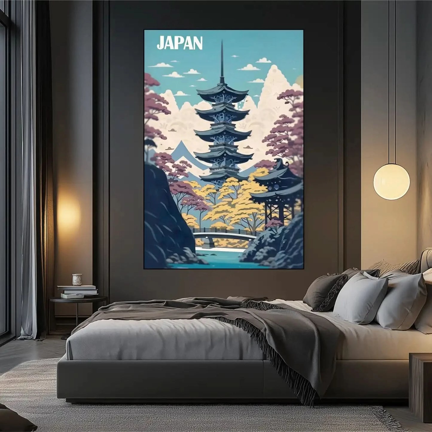 Pagode majestueuse entourée de paysages sereins avec teintes bleues, roses et jaunes, ambiance paisible pour salon ou bureau.