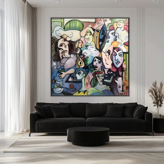 Œuvre abstraite avec visages colorés, lignes géométriques et ambiance mystérieuse, idéale pour salon ou bureau moderne.