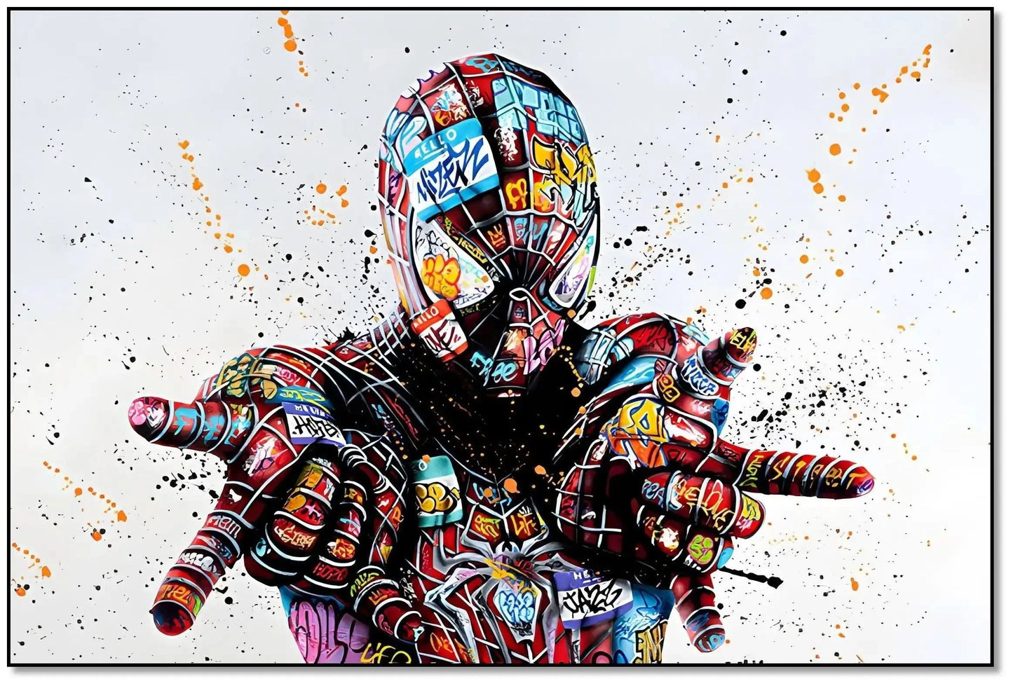 Personnage emblématique en street art, graffitis multicolores, ambiance urbaine et dynamique pour salon moderne.