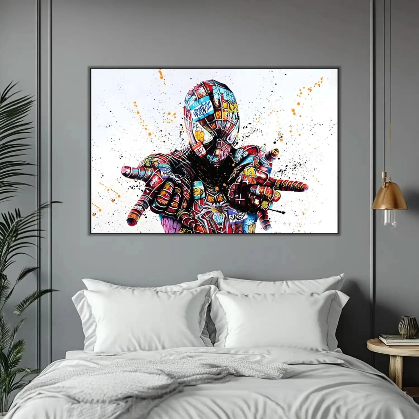 Personnage emblématique en street art, graffitis multicolores, ambiance urbaine et dynamique pour salon moderne.