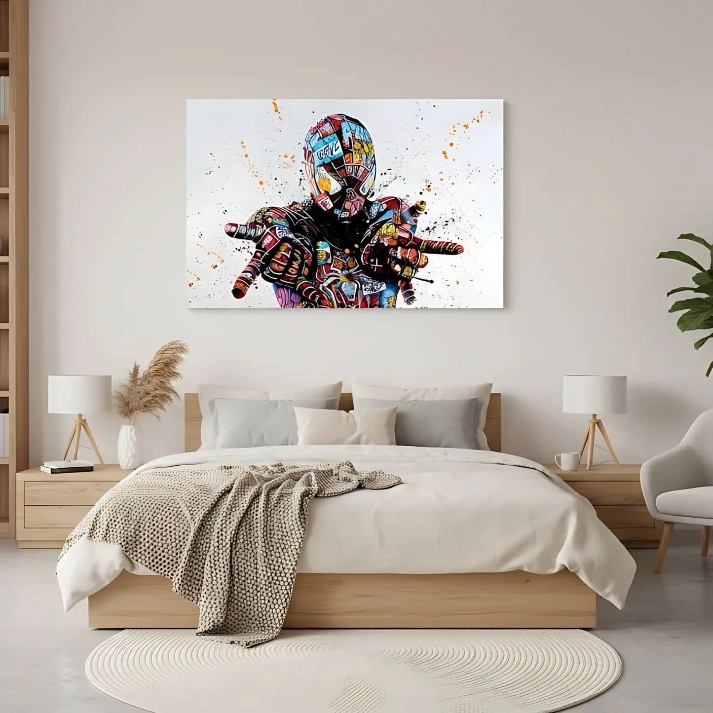 Personnage emblématique en street art, graffitis multicolores, ambiance urbaine et dynamique pour salon moderne.