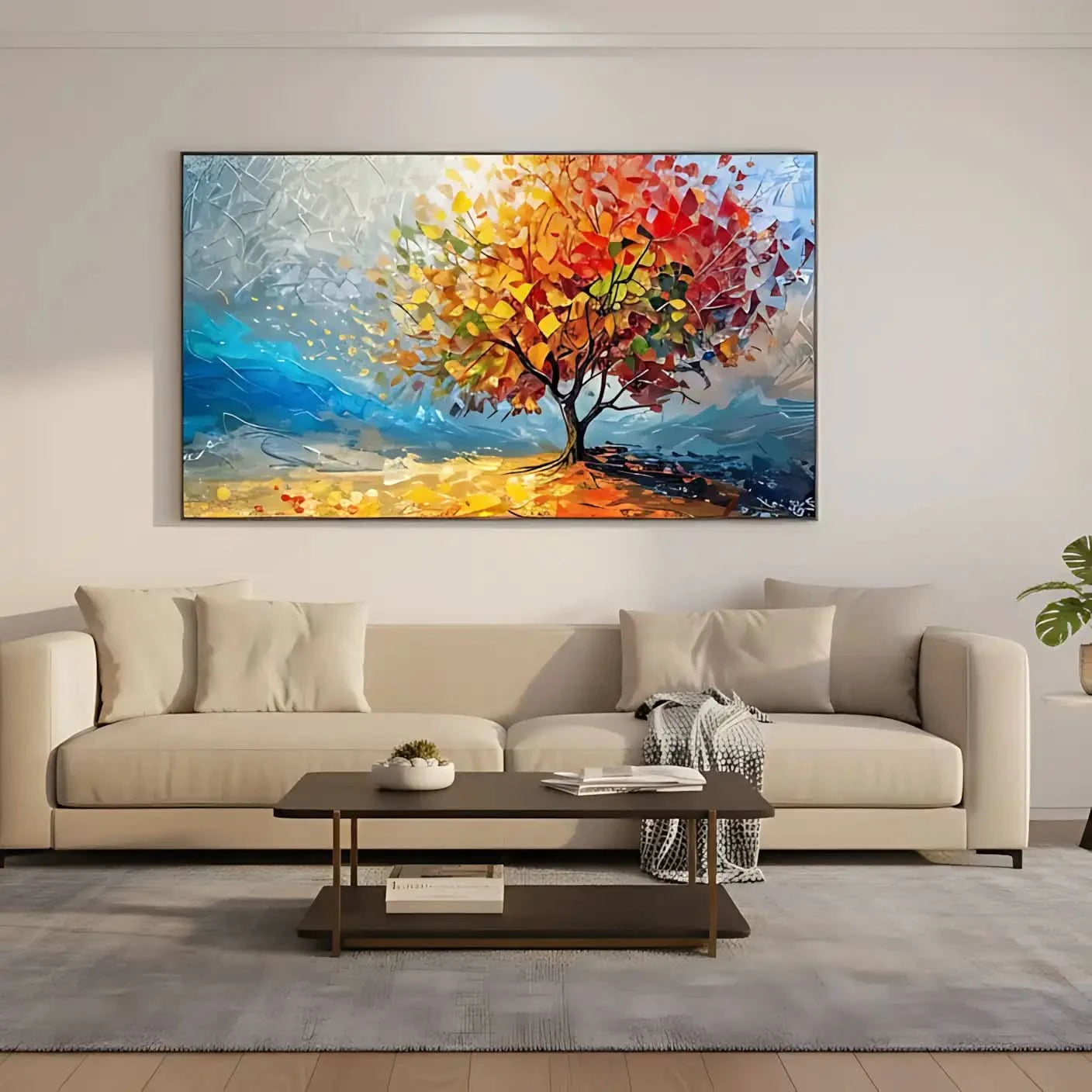 Arbre impressionniste aux feuilles multicolores sur ciel bleu abstrait, apportant énergie vibrante pour salon ou bureau.