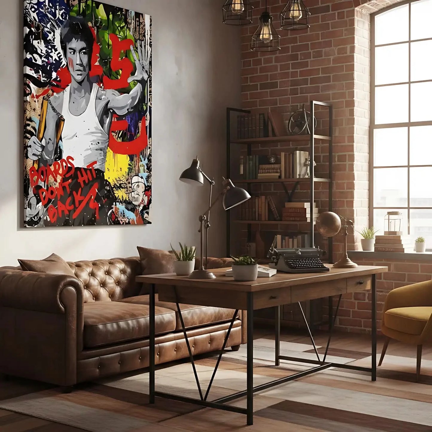 Portrait pop art en noir et blanc avec couleurs vives, ambiance énergique et dynamique pour salon moderne ou bureau.