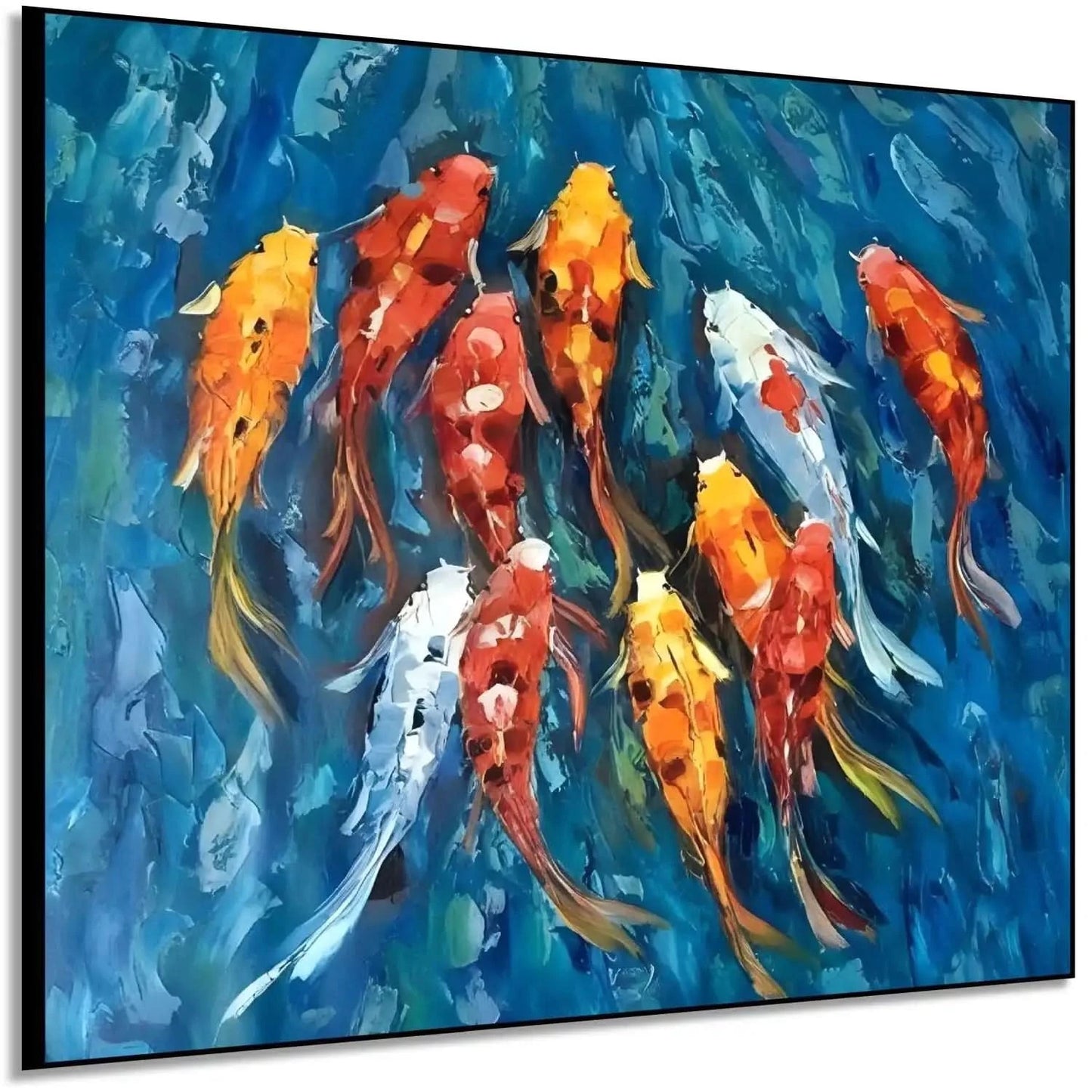 Peinture de carpes koï aux teintes rouges, oranges et blanches, nageant dans des eaux bleu profond, ambiance sereine et dynamic.
