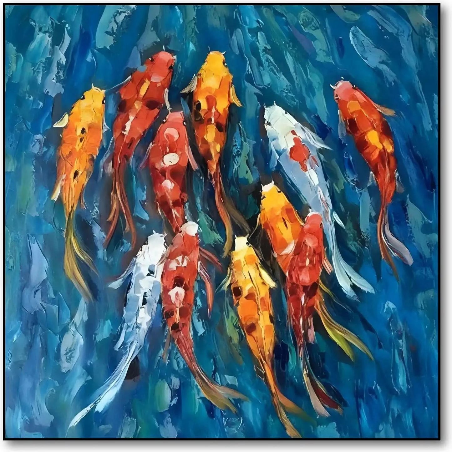 Peinture de carpes koï aux teintes rouges, oranges et blanches, nageant dans des eaux bleu profond, ambiance sereine et dynamic.