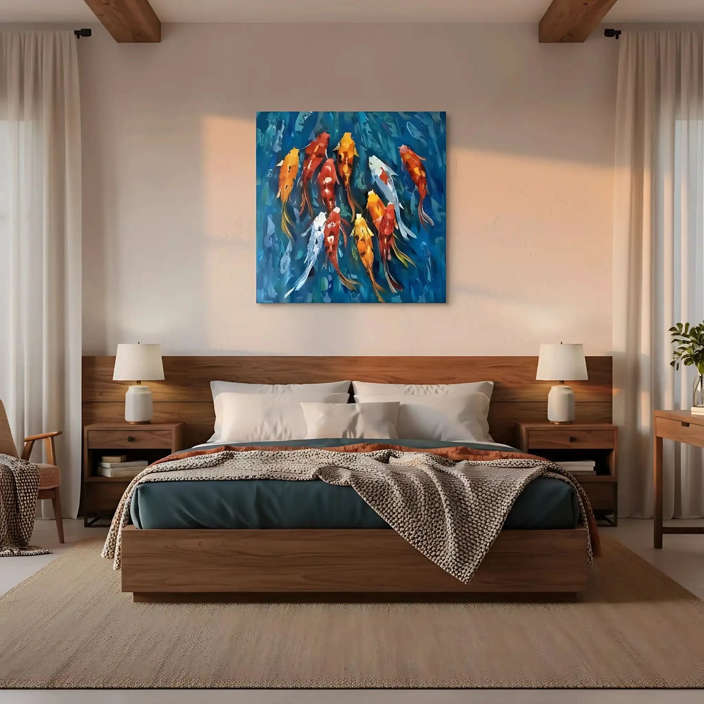 Peinture de carpes koï aux teintes rouges, oranges et blanches, nageant dans des eaux bleu profond, ambiance sereine et dynamic.