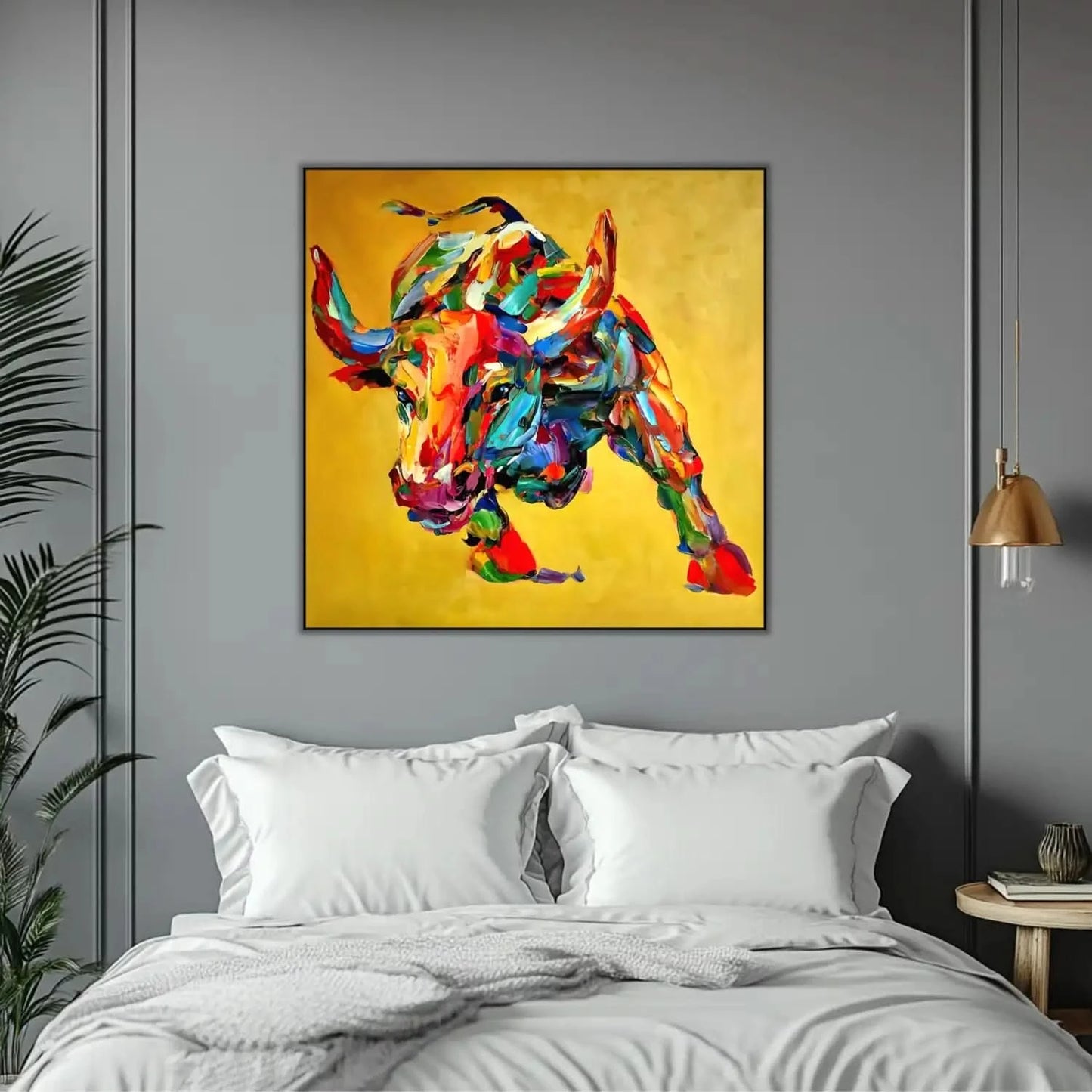 Tableau vibrant de taureau aux couleurs éclatantes, fond doré, idéal pour salon moderne ou bureau, ambiance dynamique.