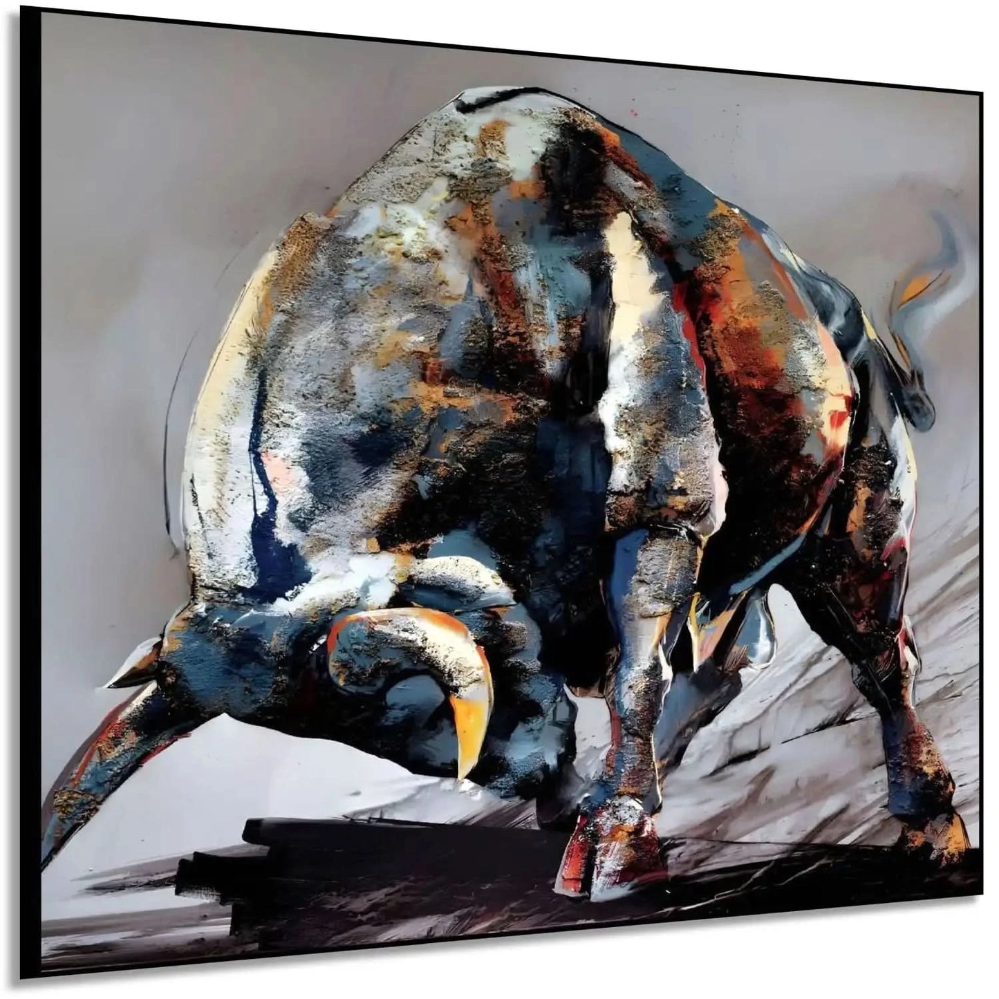 Tableau impressionnant d'un taureau en charge, nuances de bleu et rouge, énergie et vitalité pour salon ou bureau.