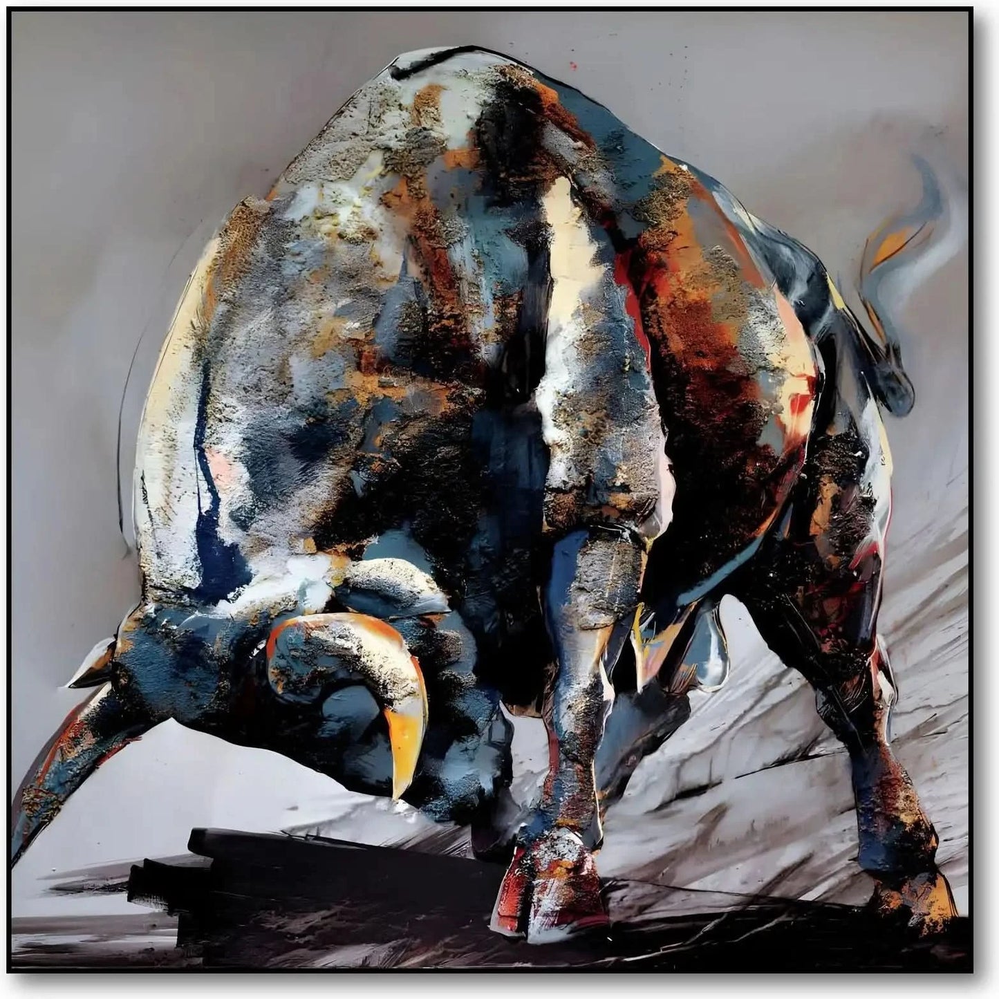 Tableau impressionnant d'un taureau en charge, nuances de bleu et rouge, énergie et vitalité pour salon ou bureau.