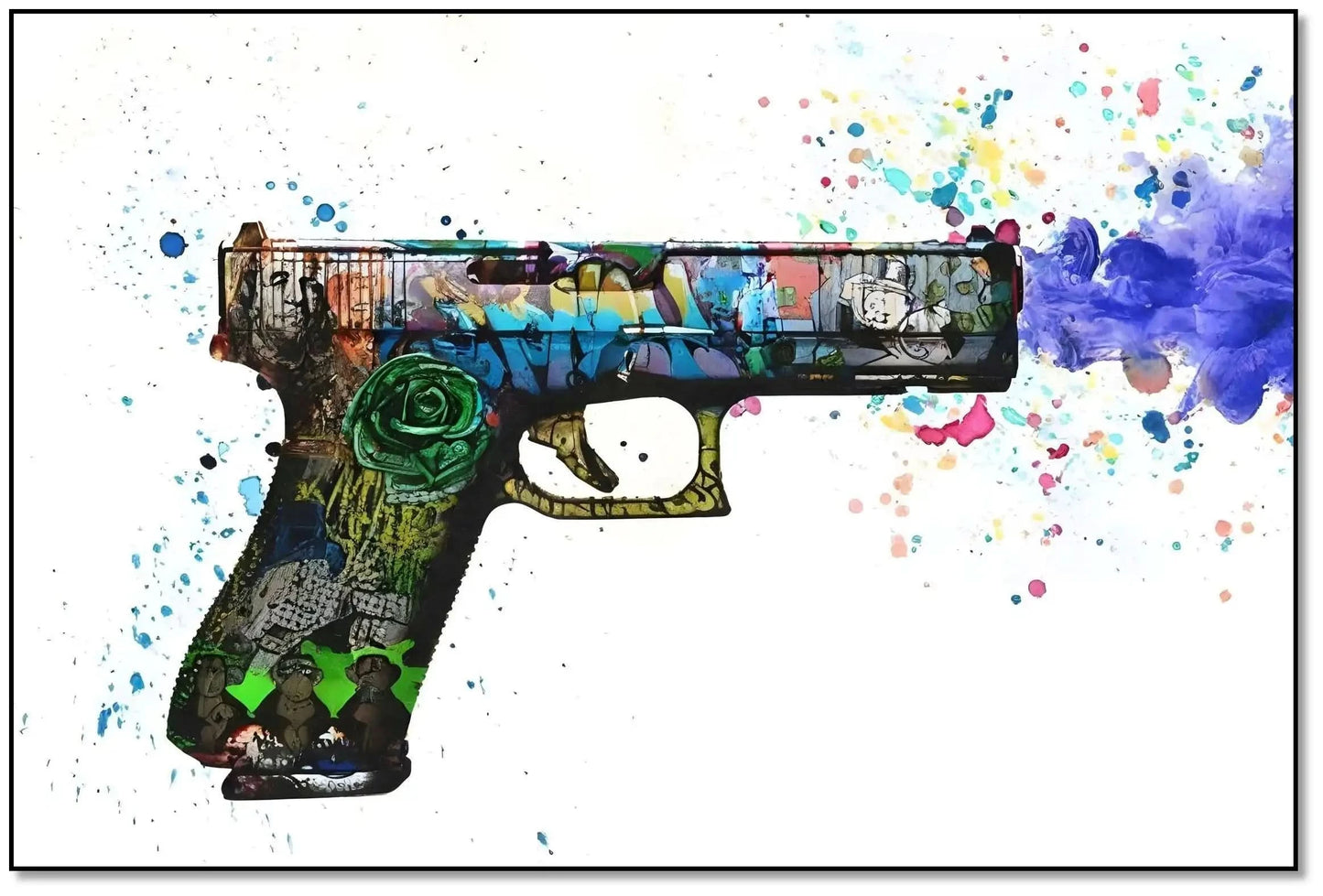 Pistolet orné de graffitis multicolores, explosion de couleurs vives, ambiance urbaine et dynamique pour salon moderne.