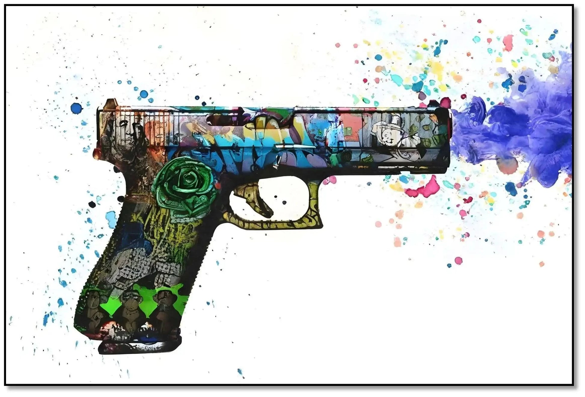 Pistolet orné de graffitis multicolores, explosion de couleurs vives, ambiance urbaine et dynamique pour salon moderne.