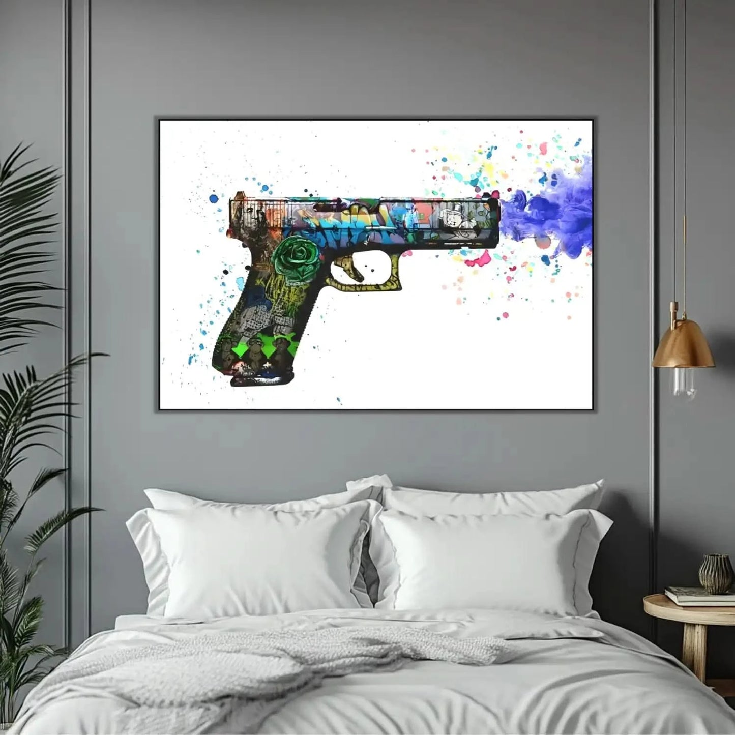 Pistolet orné de graffitis multicolores, explosion de couleurs vives, ambiance urbaine et dynamique pour salon moderne.