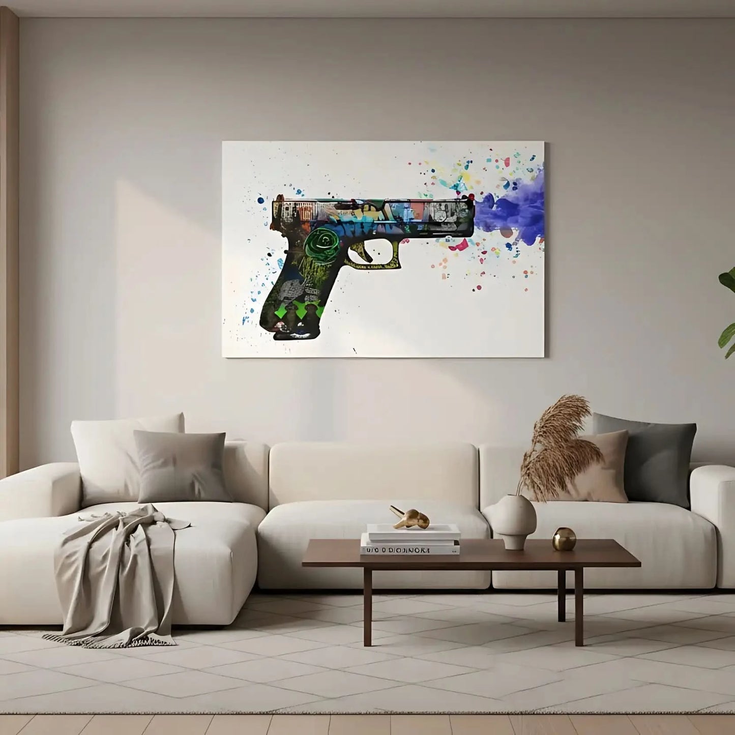 Pistolet orné de graffitis multicolores, explosion de couleurs vives, ambiance urbaine et dynamique pour salon moderne.