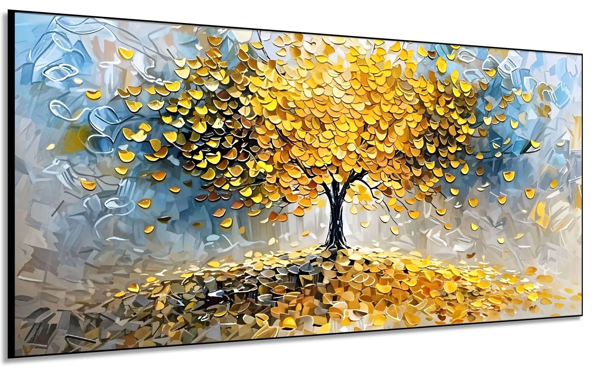 Arbre abstrait doré aux feuilles pièces tombantes, palette jaune et beige, apportant chance et fortune pour salon ou bureau.