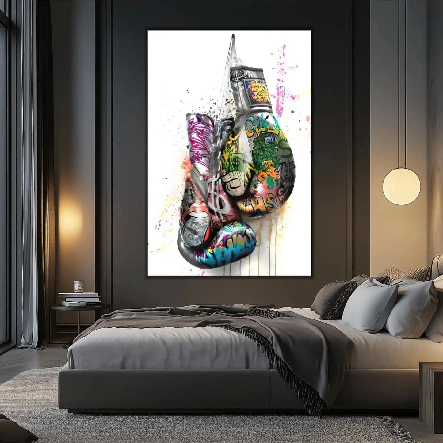 Gants de boxe avec graffitis multicolores, street art dynamique, idéal pour salon moderne ou bureau, ambiance énergique.