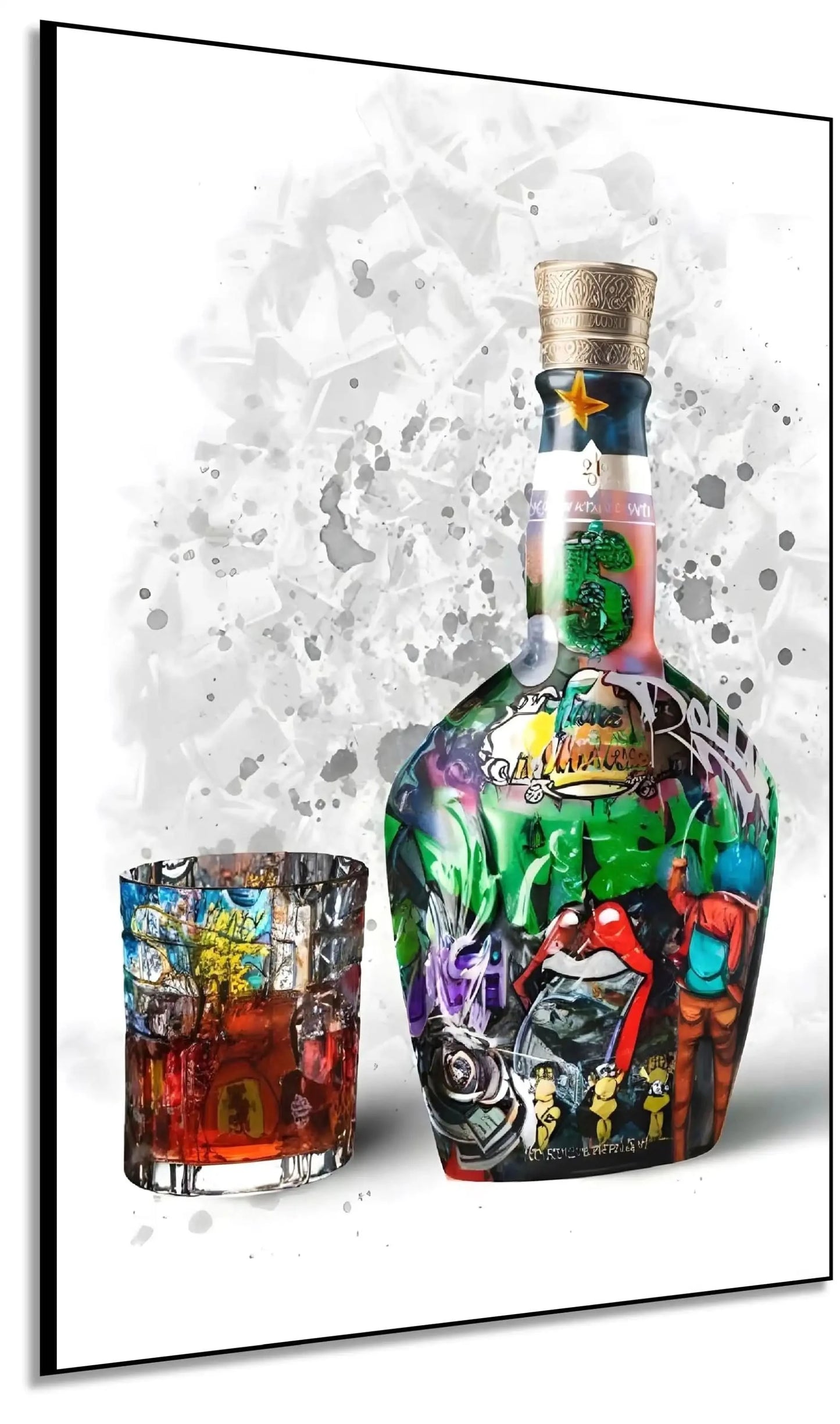 Street art vibrant avec bouteille et verre, couleurs éclatantes, énergie urbaine pour salon moderne ou bureau créatif.