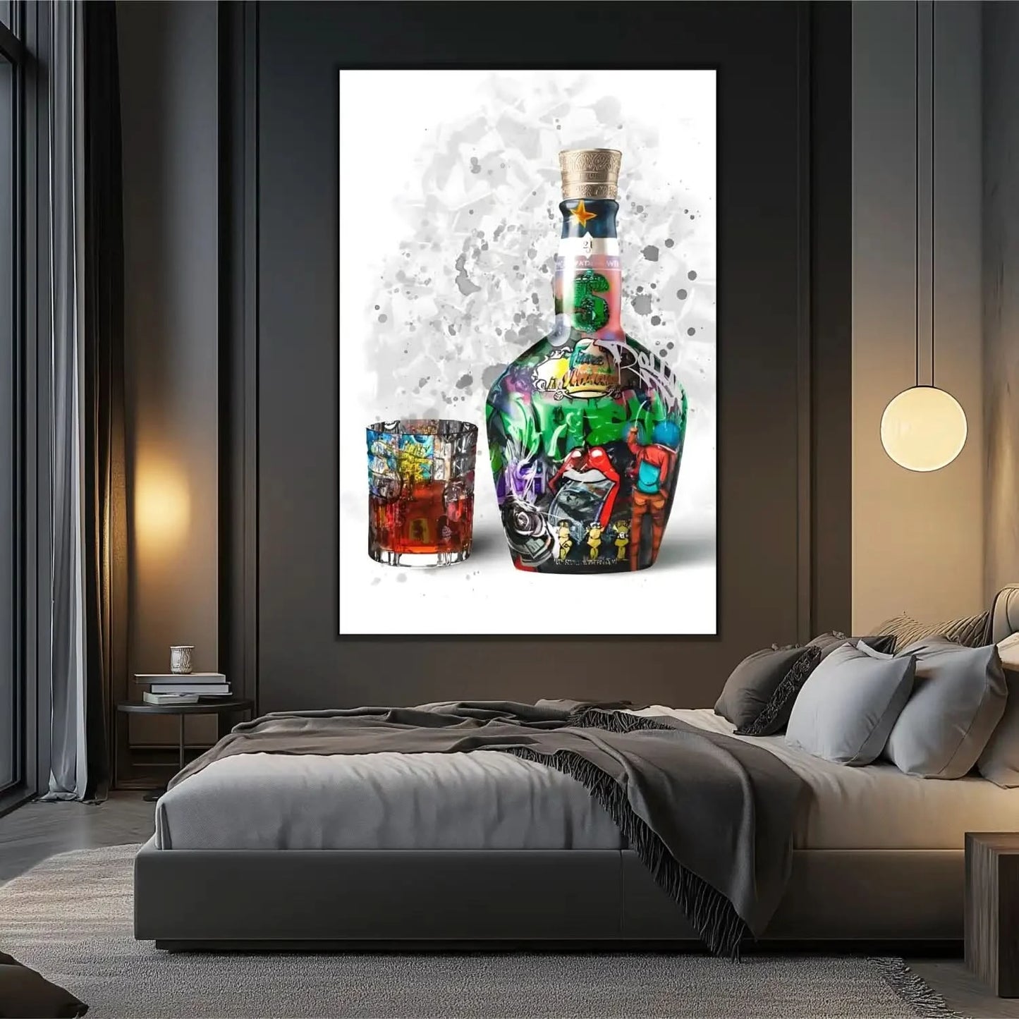 Street art vibrant avec bouteille et verre, couleurs éclatantes, énergie urbaine pour salon moderne ou bureau créatif.