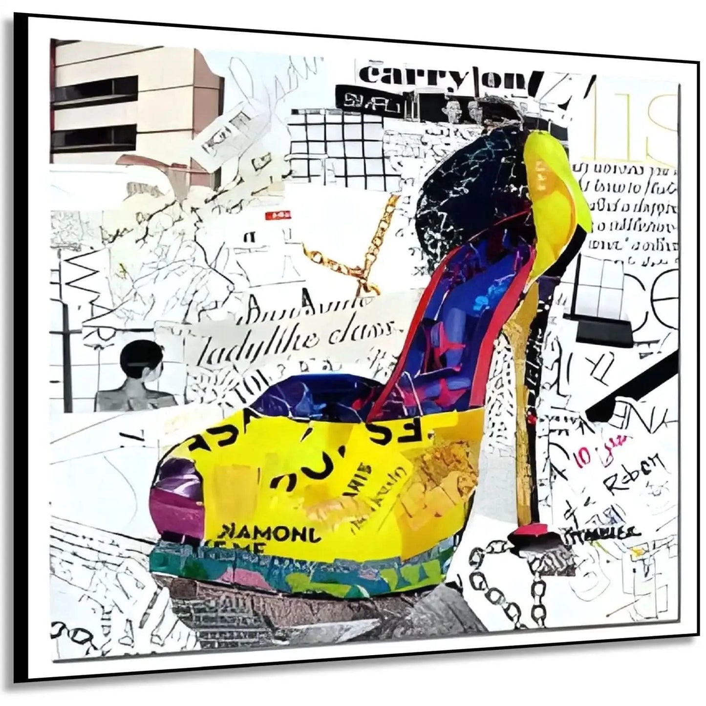 Collage pop art avec chaussure à talon, couleurs éclatantes, motifs urbains, idéal pour salon moderne ou bureau créatif.