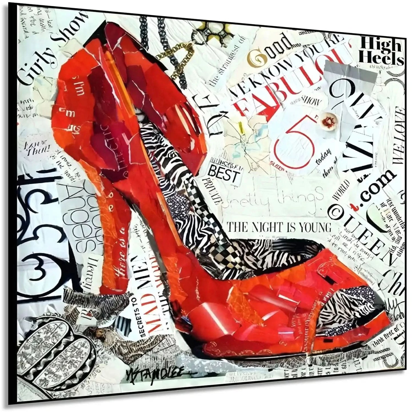 Collage vibrant de talons hauts rouges avec motifs zébrés et textes audacieux, ambiance urbaine et moderne pour salon ou bure