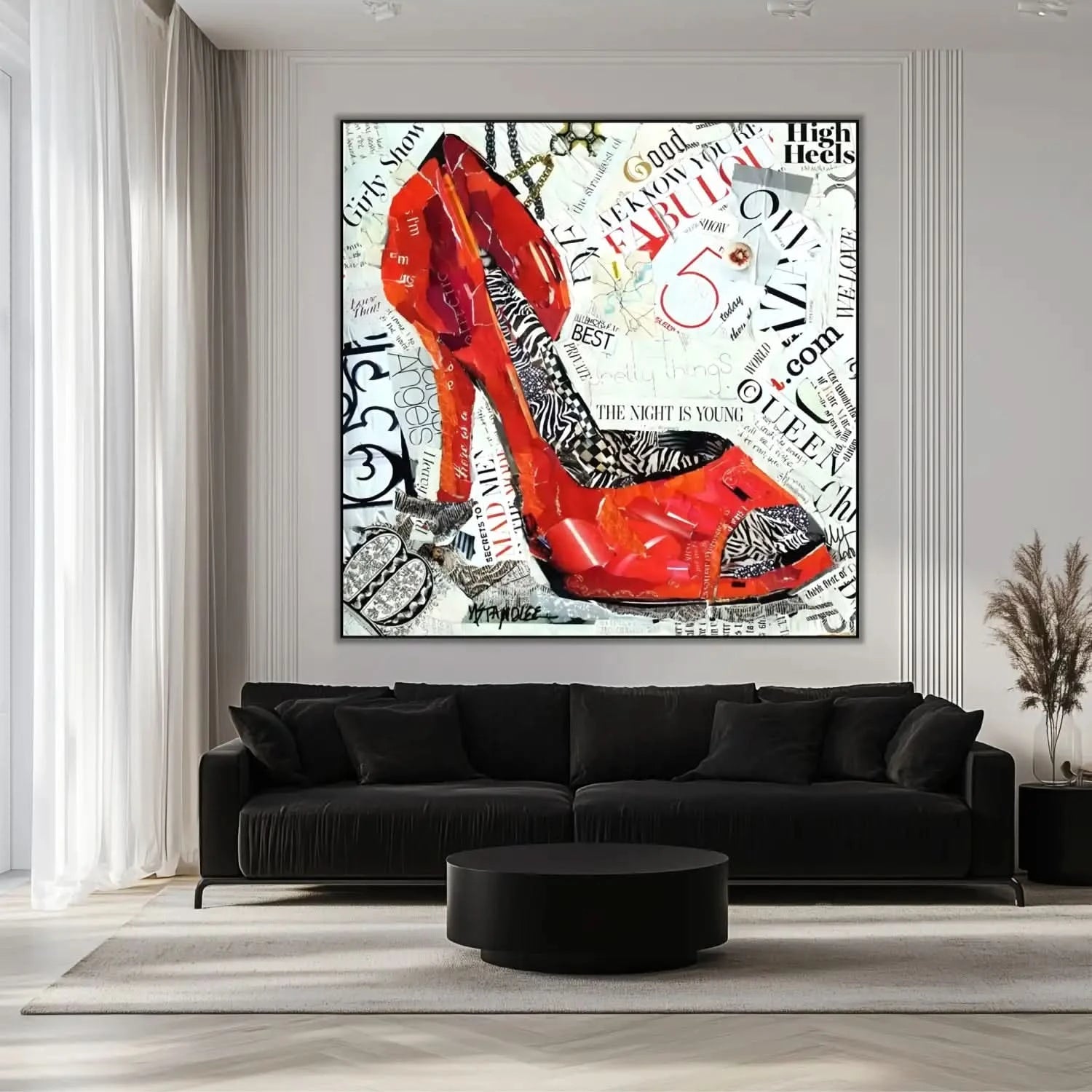 Collage vibrant de talons hauts rouges avec motifs zébrés et textes audacieux, ambiance urbaine et moderne pour salon ou bure