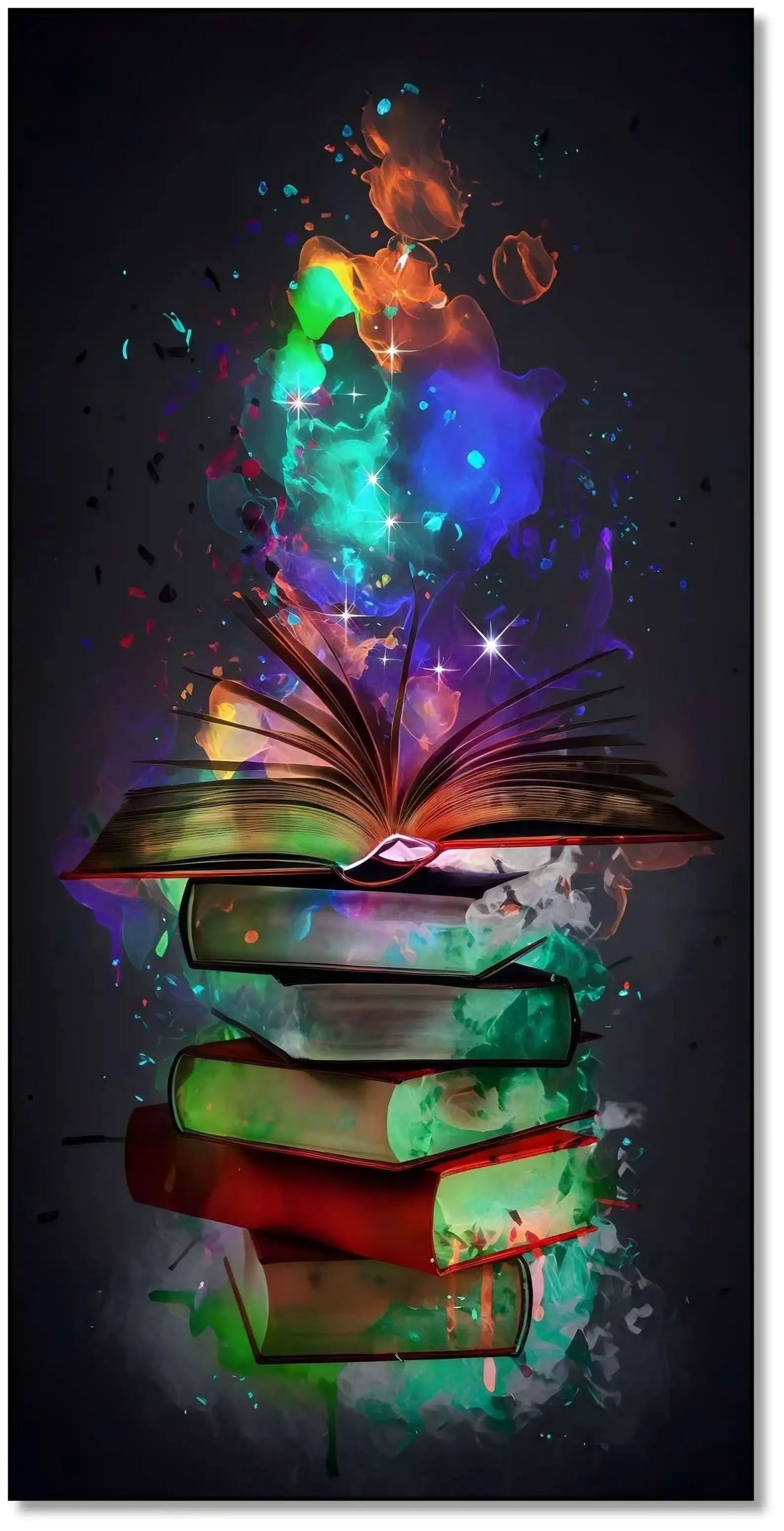 Tableau de livres avec volutes de couleurs éclatantes, ambiance mystérieuse et inspirante pour bureau ou bibliothèque.