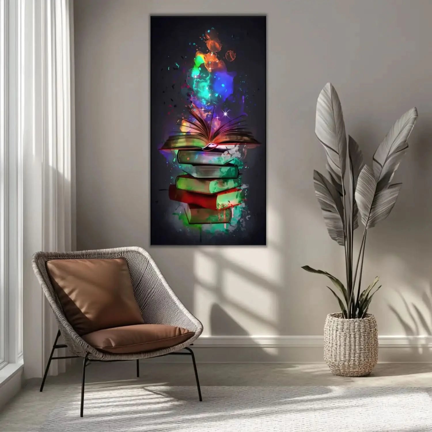 Tableau de livres avec volutes de couleurs éclatantes, ambiance mystérieuse et inspirante pour bureau ou bibliothèque.