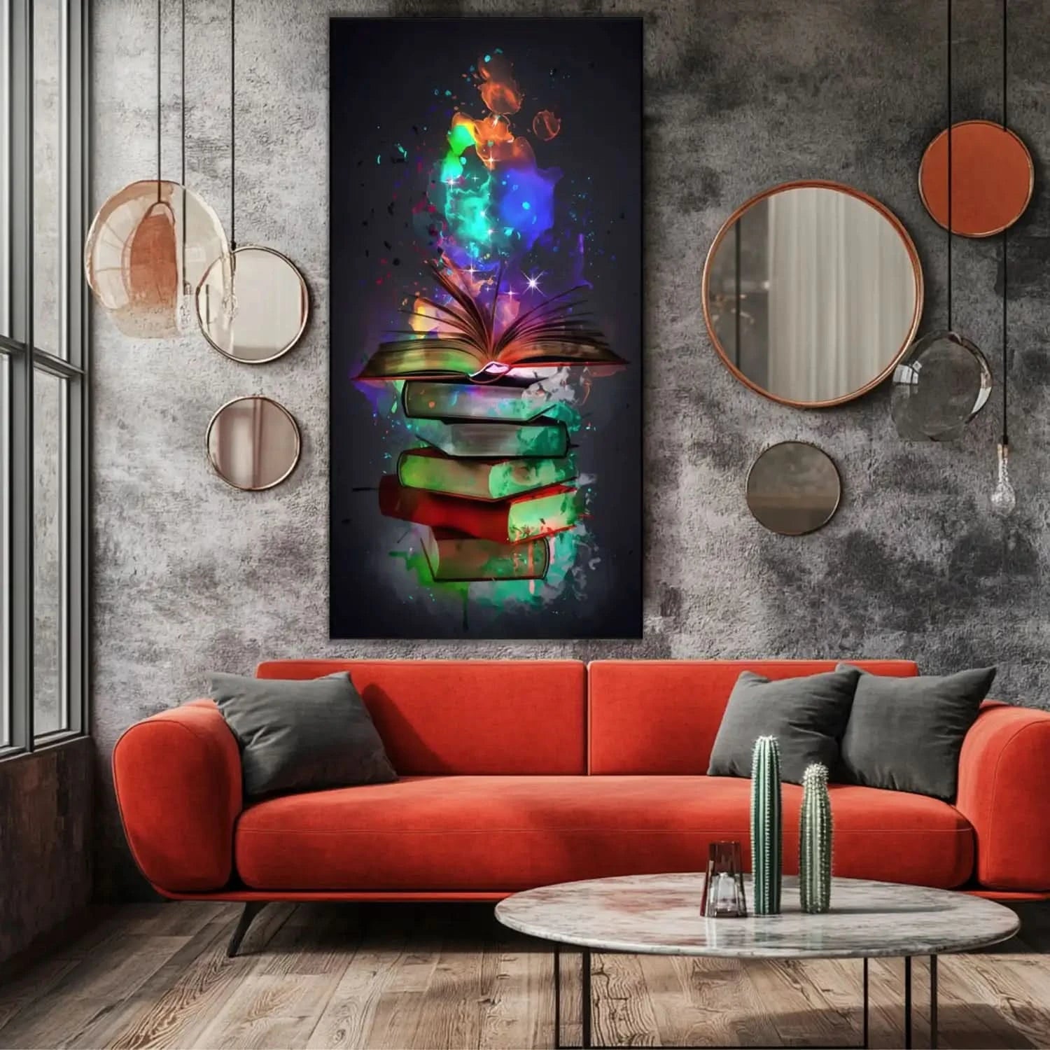 Tableau de livres avec volutes de couleurs éclatantes, ambiance mystérieuse et inspirante pour bureau ou bibliothèque.