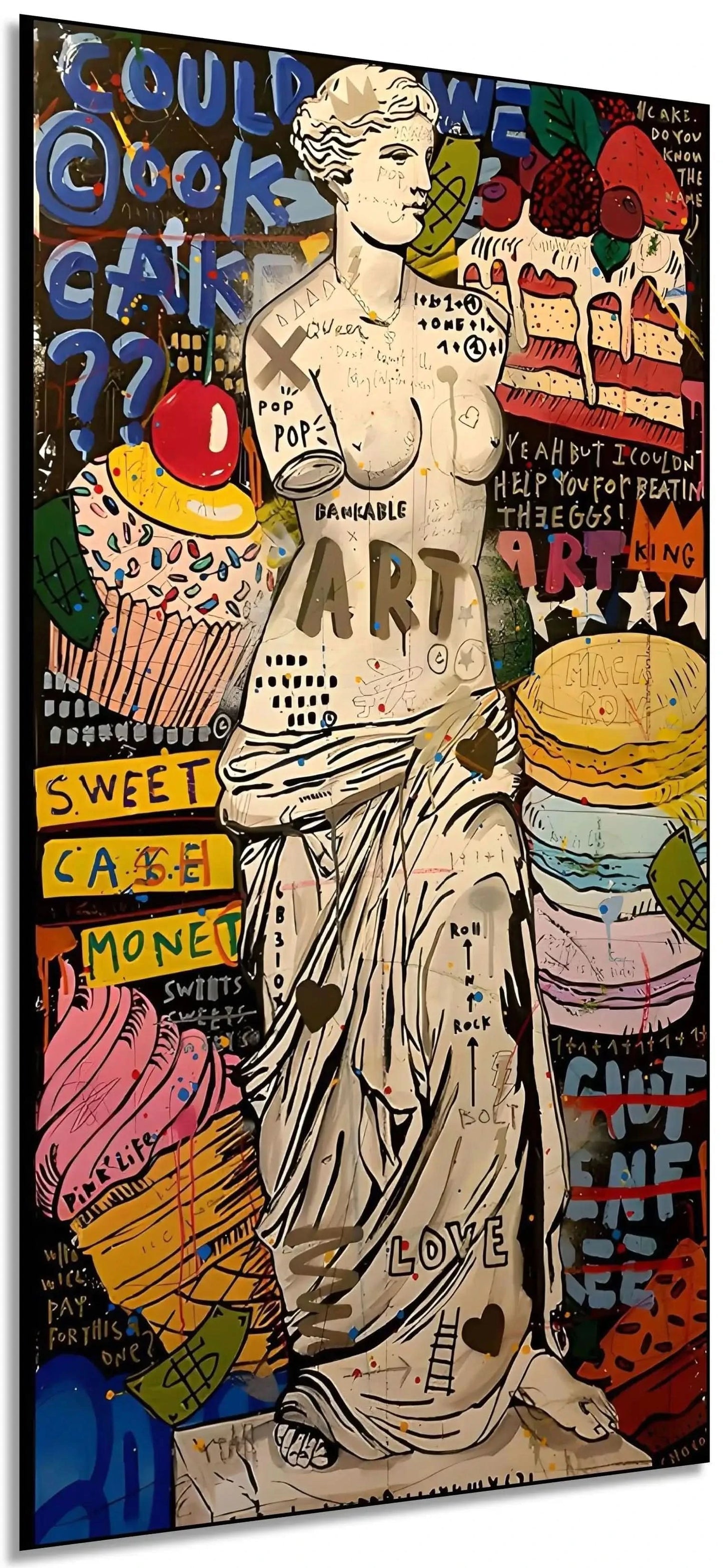 Œuvre pop art avec statue classique, couleurs vives et motifs audacieux, idéale pour salon ou cuisine moderne.