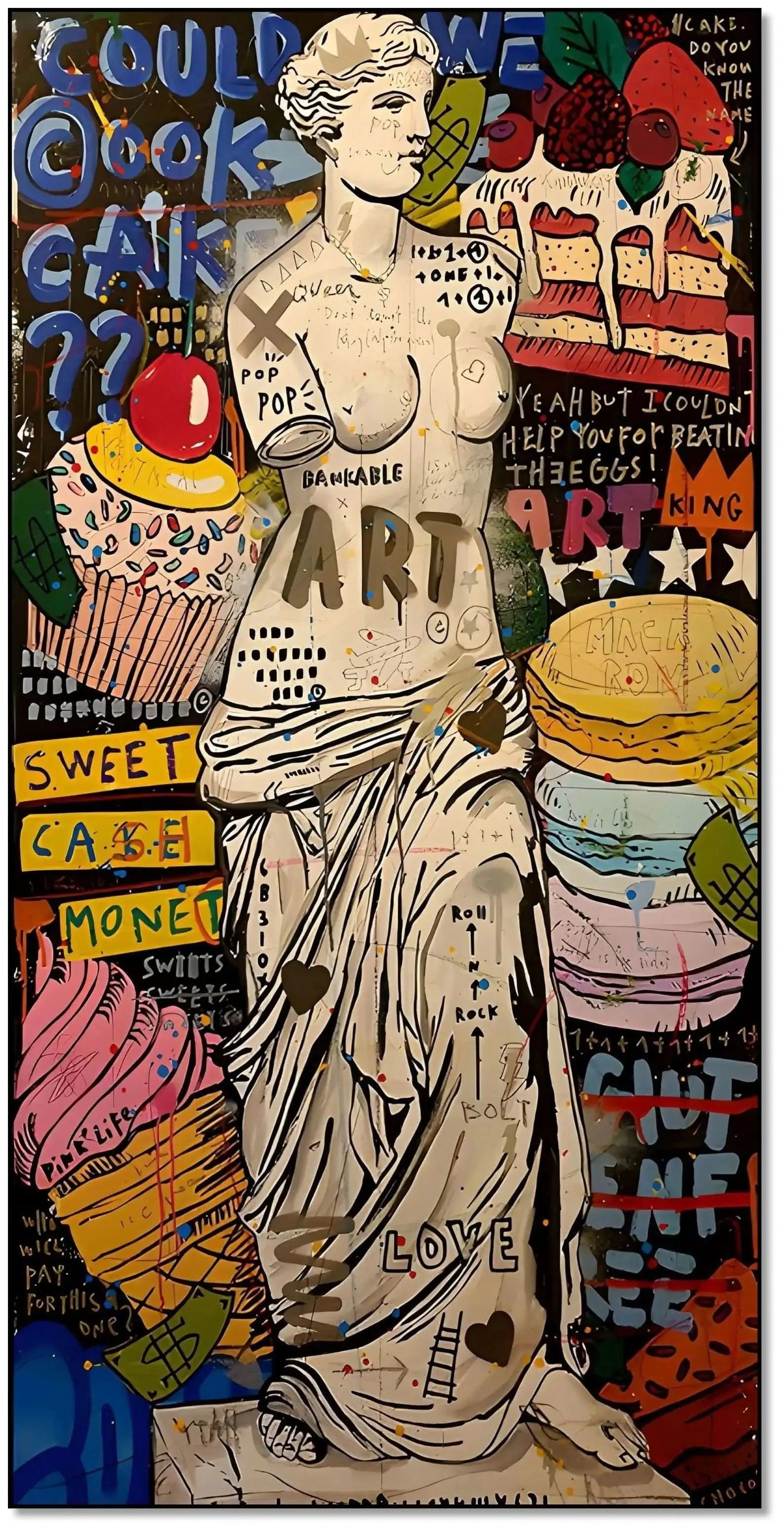 Œuvre pop art avec statue classique, couleurs vives et motifs audacieux, idéale pour salon ou cuisine moderne.