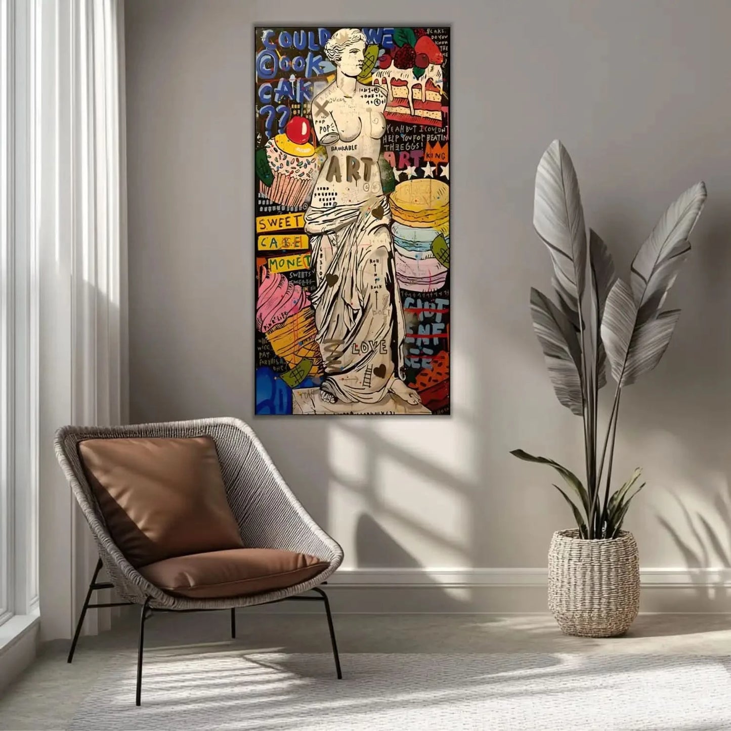 Œuvre pop art avec statue classique, couleurs vives et motifs audacieux, idéale pour salon ou cuisine moderne.