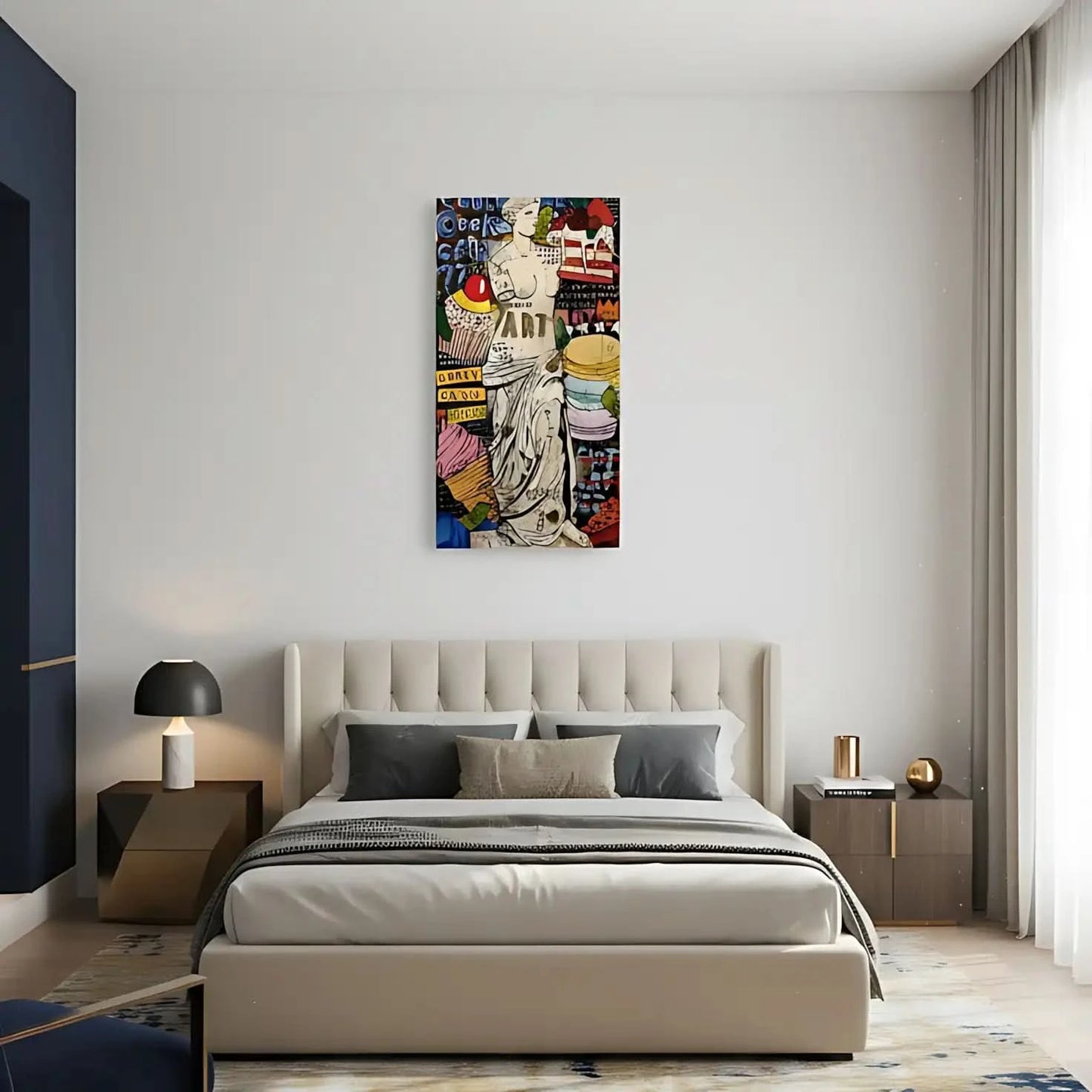 Oeuvre pop art avec statue classique, couleurs vives et motifs audacieux, idéale pour salon ou cuisine moderne.