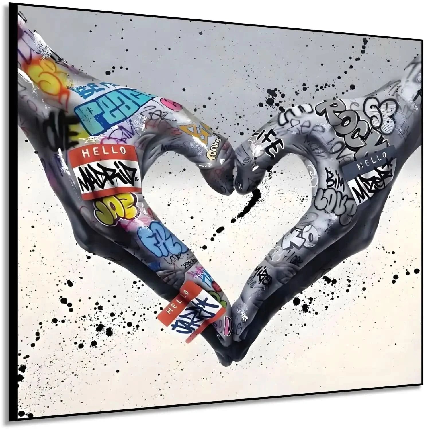 Deux mains formant un cœur avec des graffitis multicolores, ambiance urbaine et moderne pour salon ou bureau.
