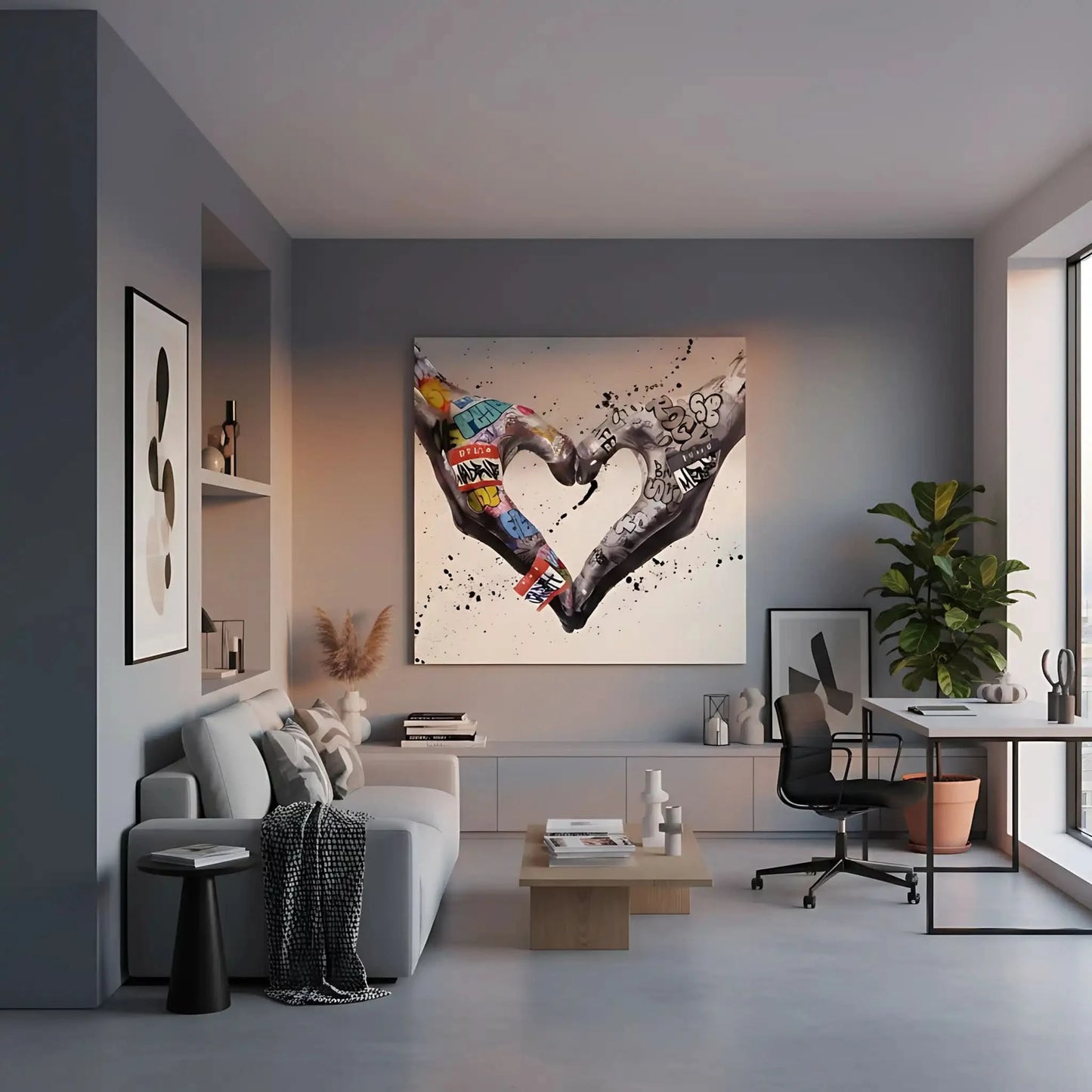 Deux mains formant un coeur avec des graffitis multicolores, ambiance urbaine et moderne pour salon ou bureau.
