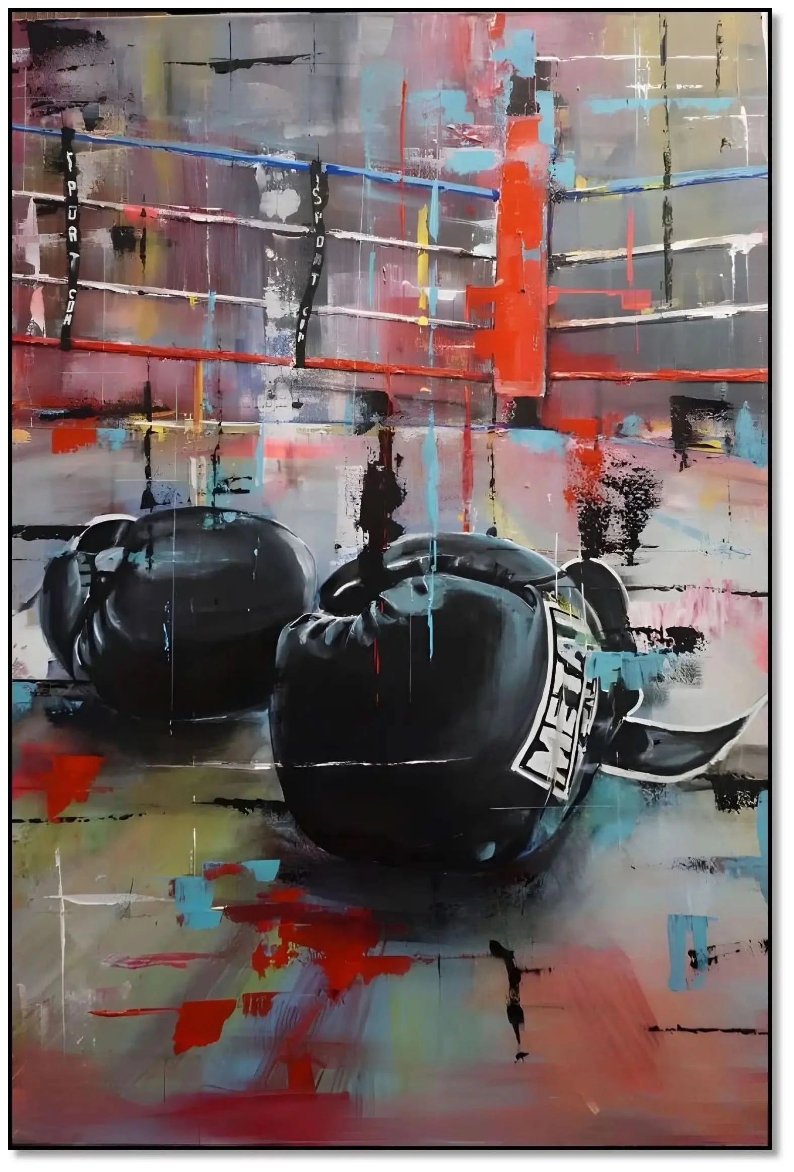 Tableau abstrait avec gants de boxe noirs, couleurs vives et dynamiques, ambiance énergique pour salon moderne ou bureau.