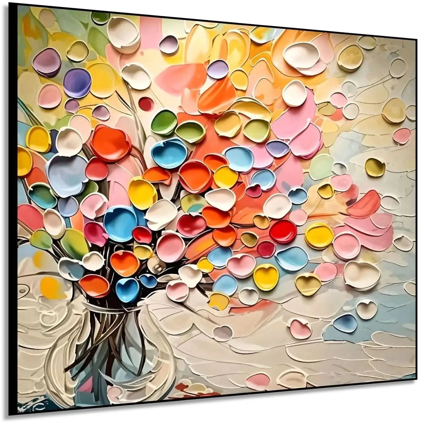 Bouquet abstrait de cœurs en relief multicolores dans un vase; rose, jaune, bleu, vert; atmosphère joyeuse pour salon.