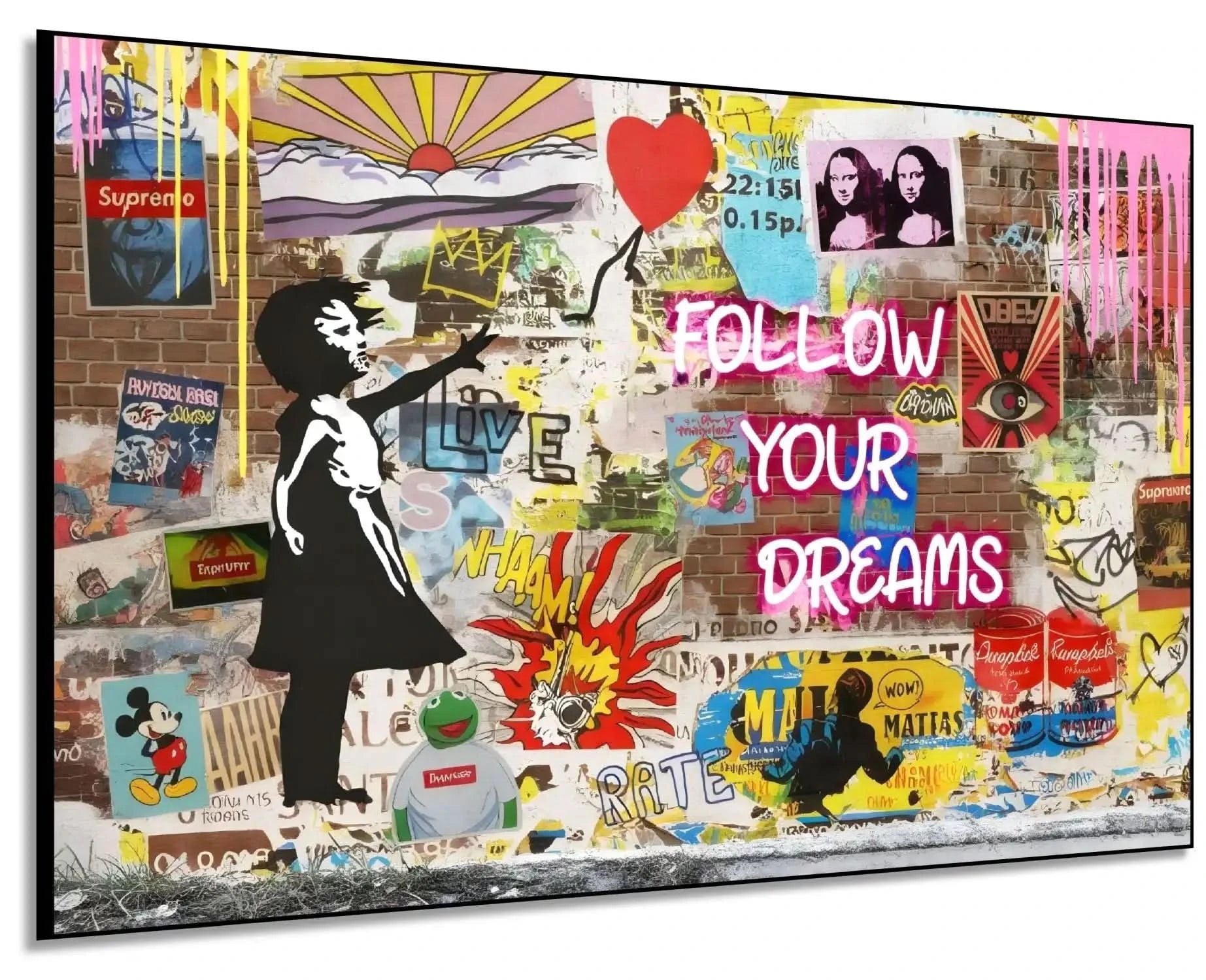 Street art avec graffitis colorés, personnage en noir et blanc, ballon rouge, ambiance urbaine et dynamique pour salon modern.