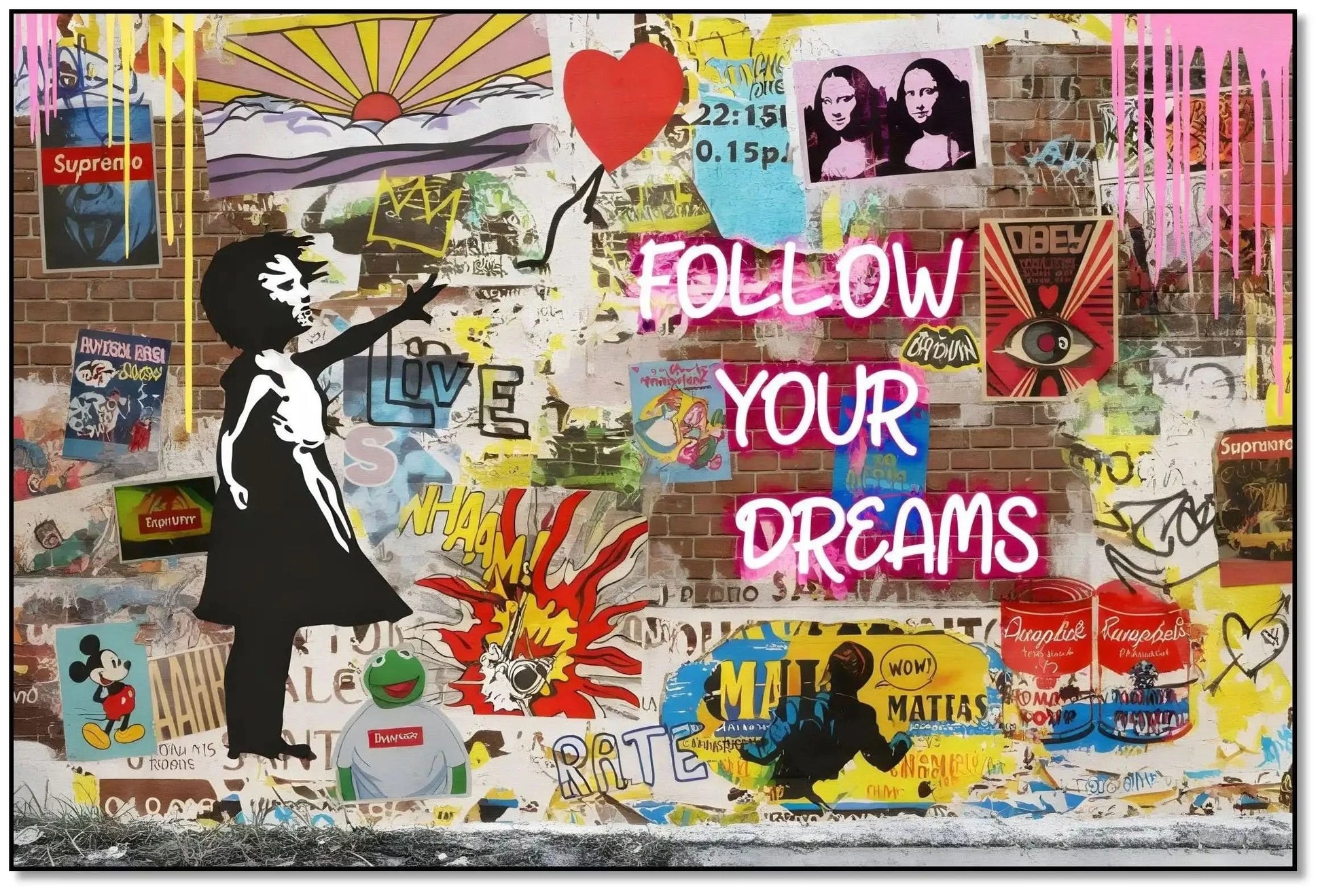 Street art avec graffitis colorés, personnage en noir et blanc, ballon rouge, ambiance urbaine et dynamique pour salon modern.