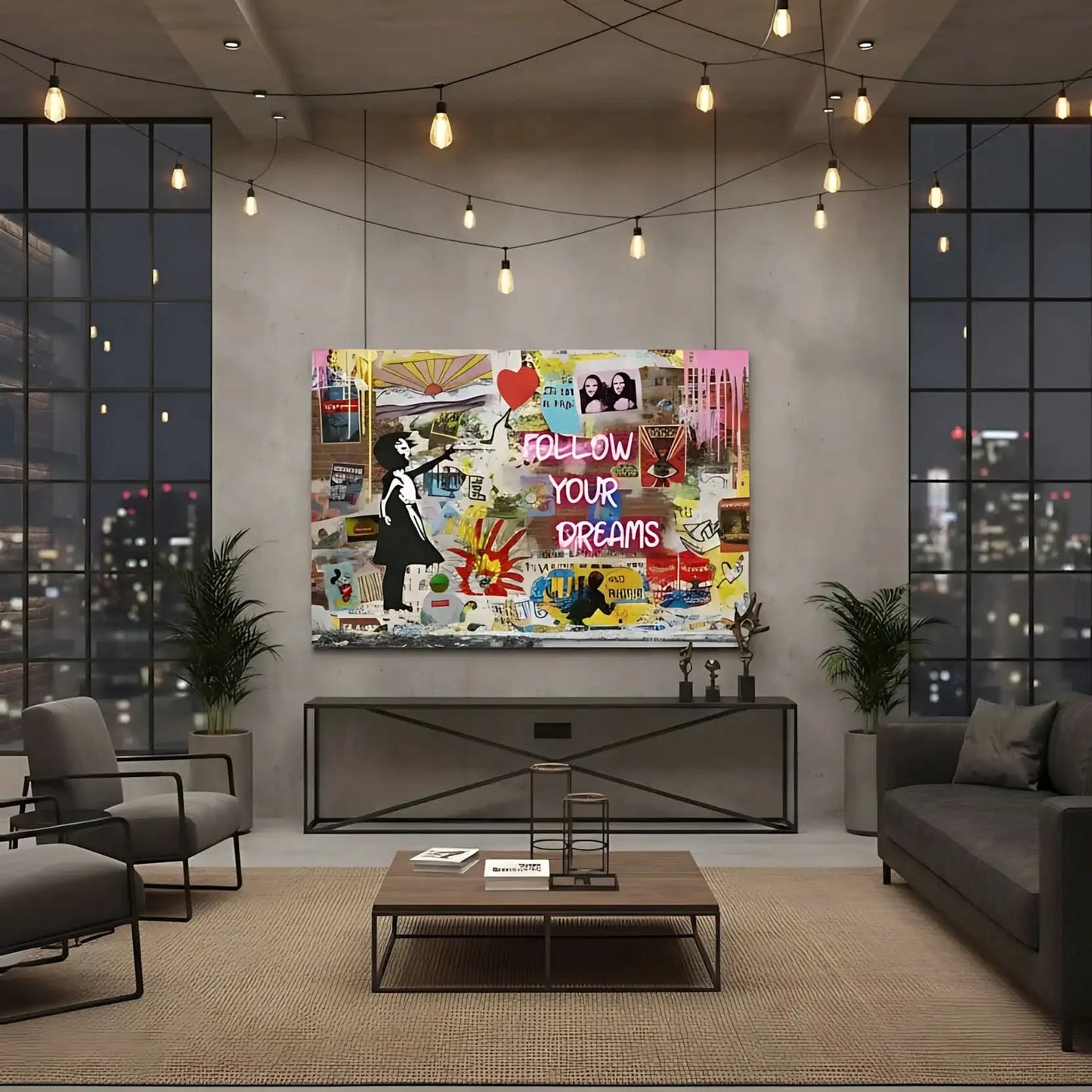 Street art avec graffitis colorés, personnage en noir et blanc, ballon rouge, ambiance urbaine et dynamique pour salon modern.