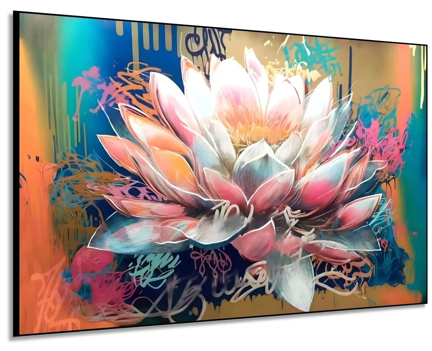 Fleur majestueuse aux pétales rose et bleu, entourée de couleurs vibrantes, créant une ambiance sereine et dynamique pour salon.